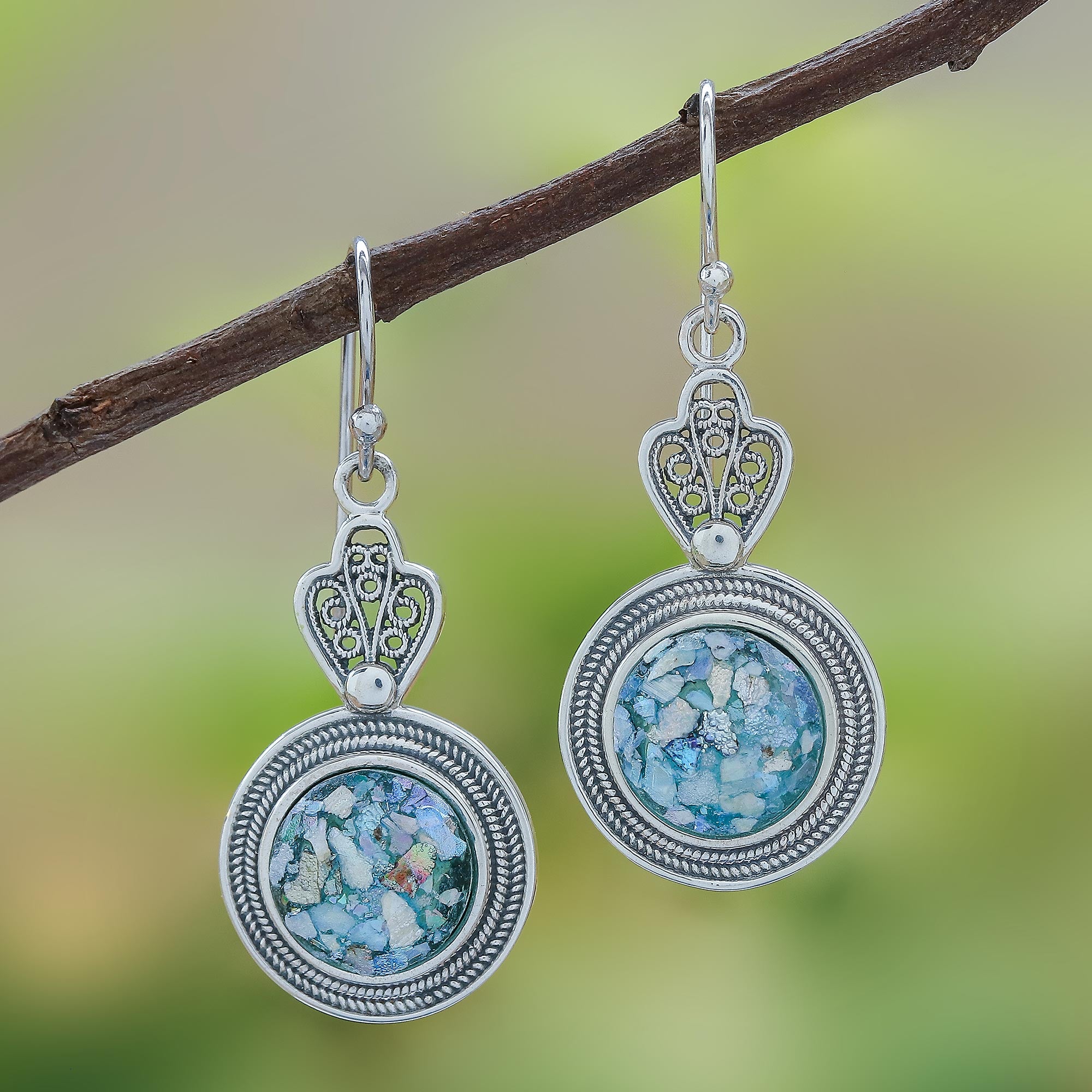 Premium Handcrafted Roman Glass Sterling Silver Earrings - Timeless Elegance