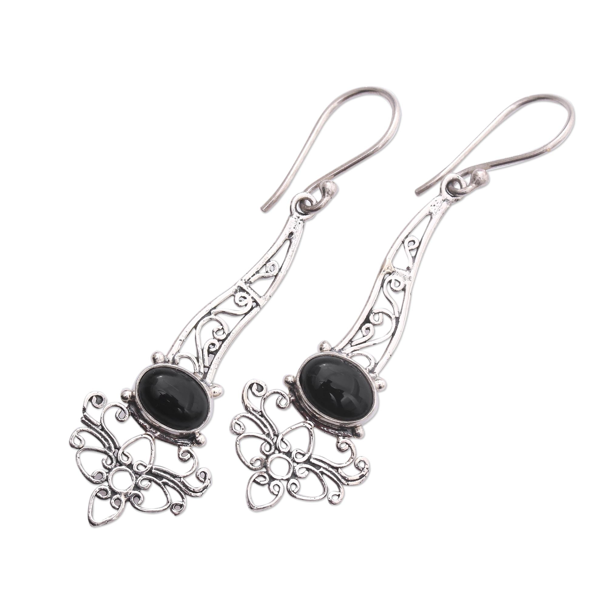 Premium Midnight Garden Breeze Onyx Dangle Earrings – Handcrafted Sterling Silver Floral Design