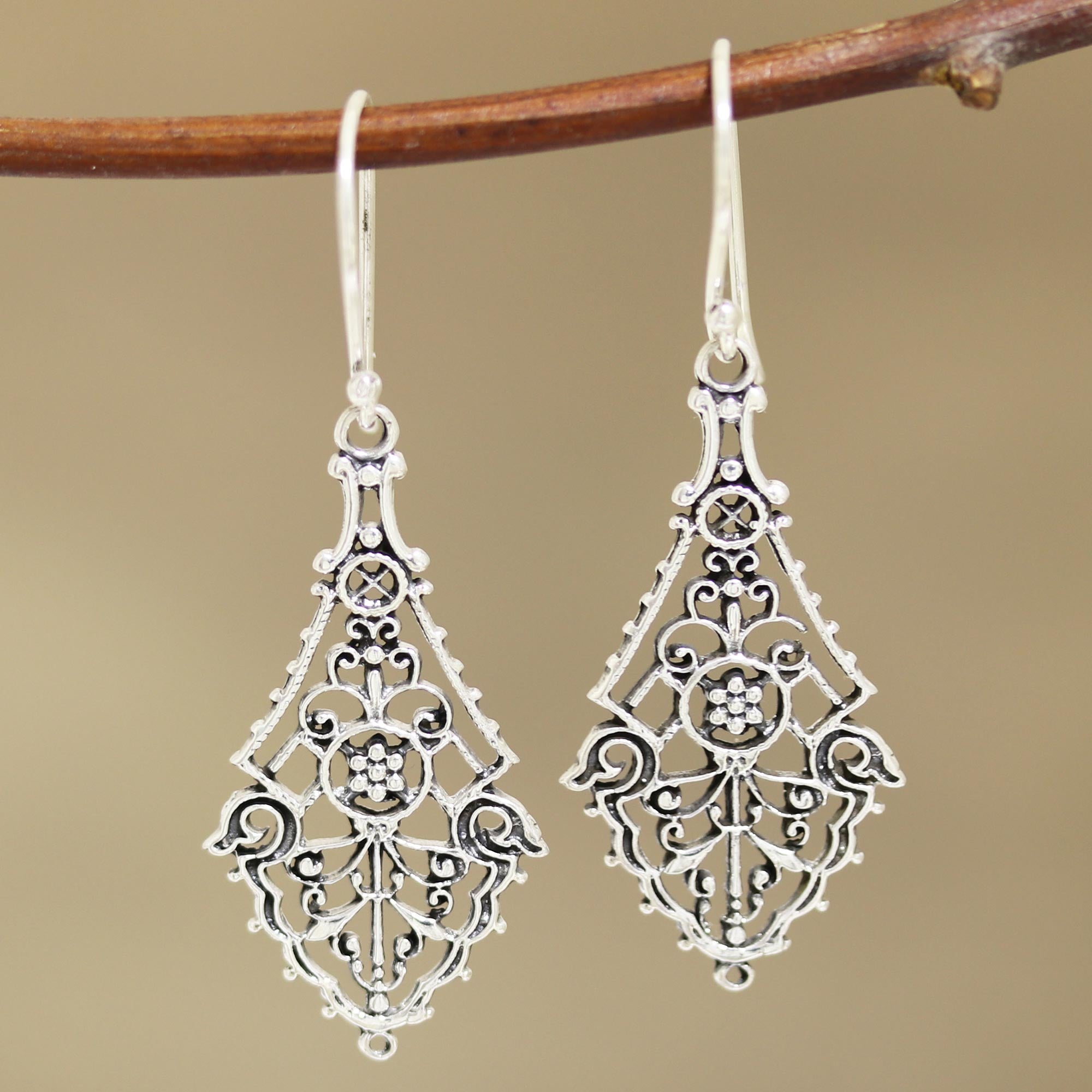 Premium Garden Gateway Openwork Sterling Silver Dangle Earrings - Handcrafted in India