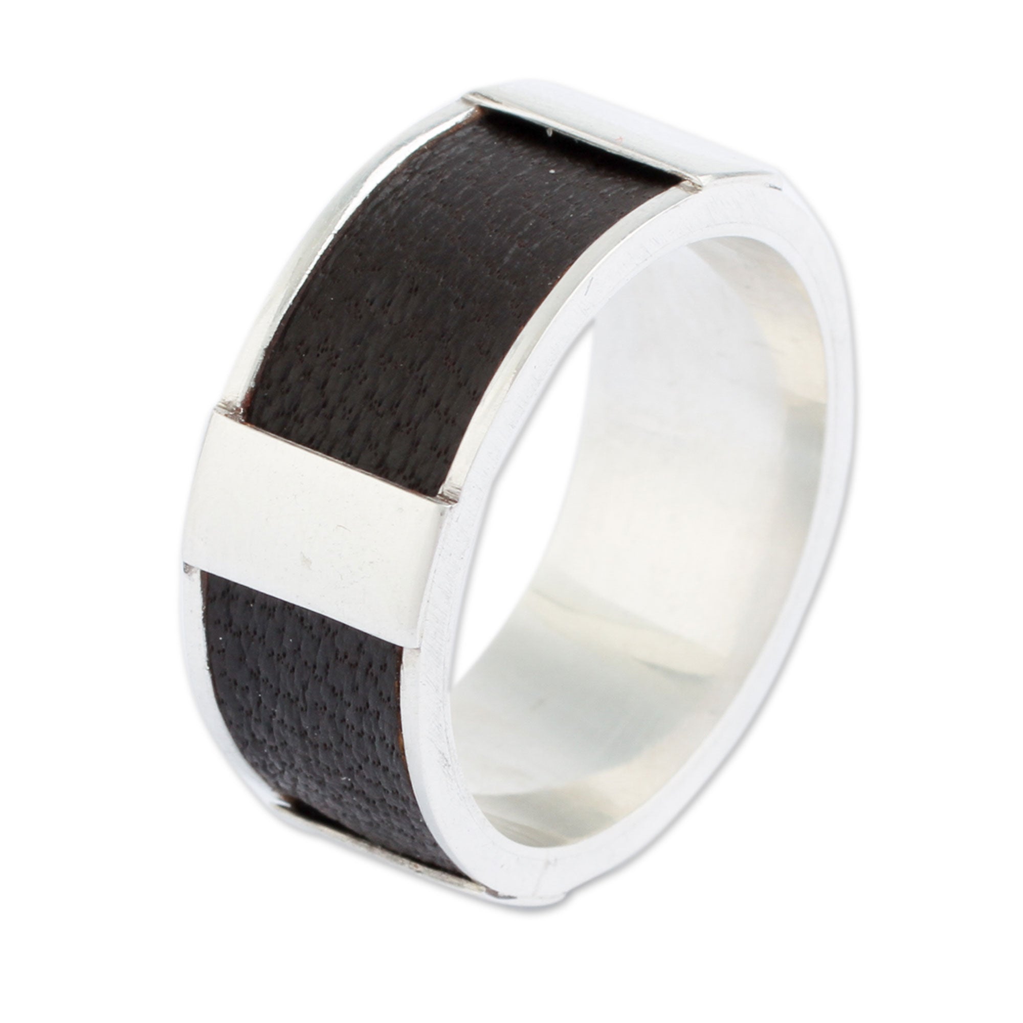 Premium Leather & Sterling Silver Minimalist Band Ring – Handcrafted by Artisans