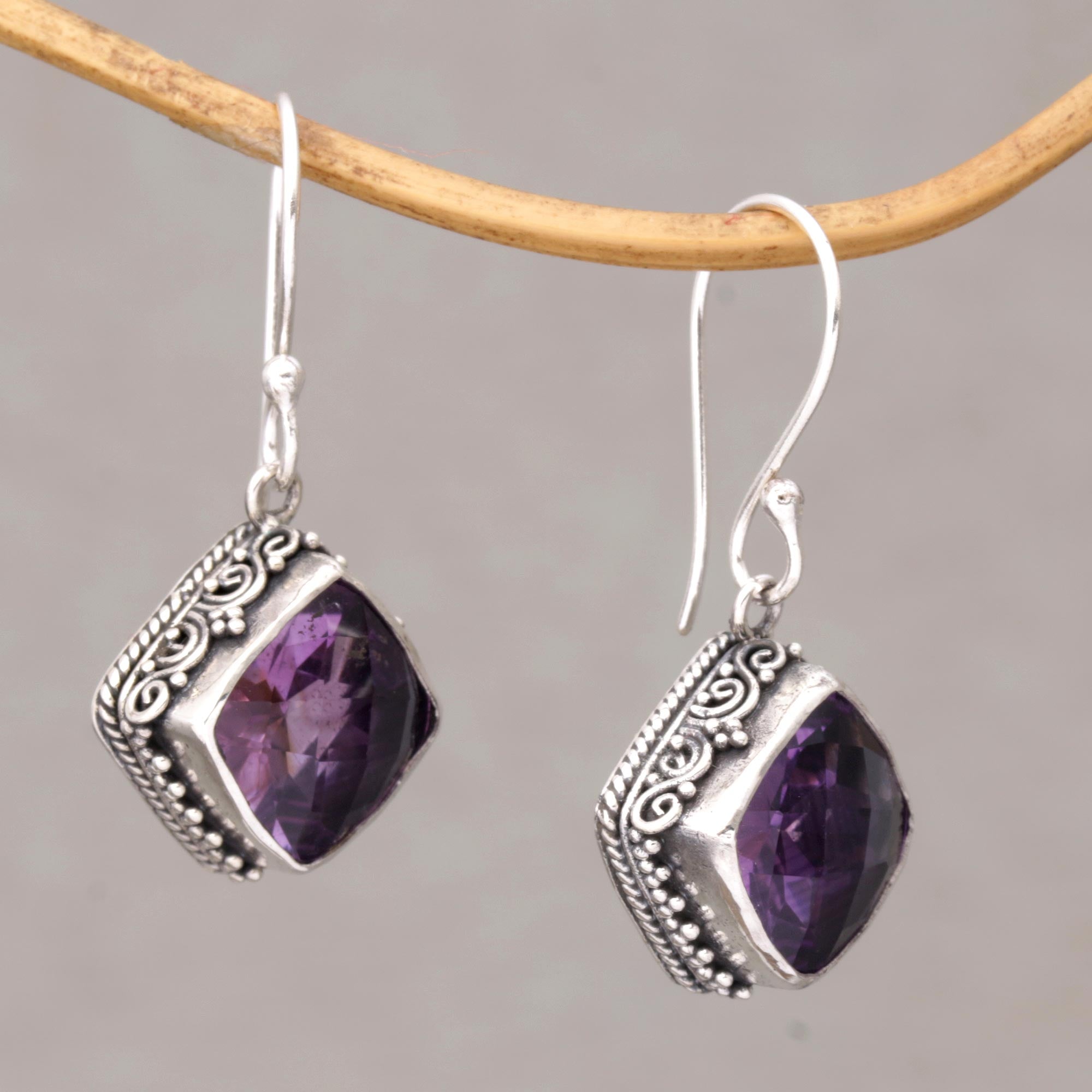 Premium Pura Amethyst & Silver Dangle Earrings - Handcrafted in Bali