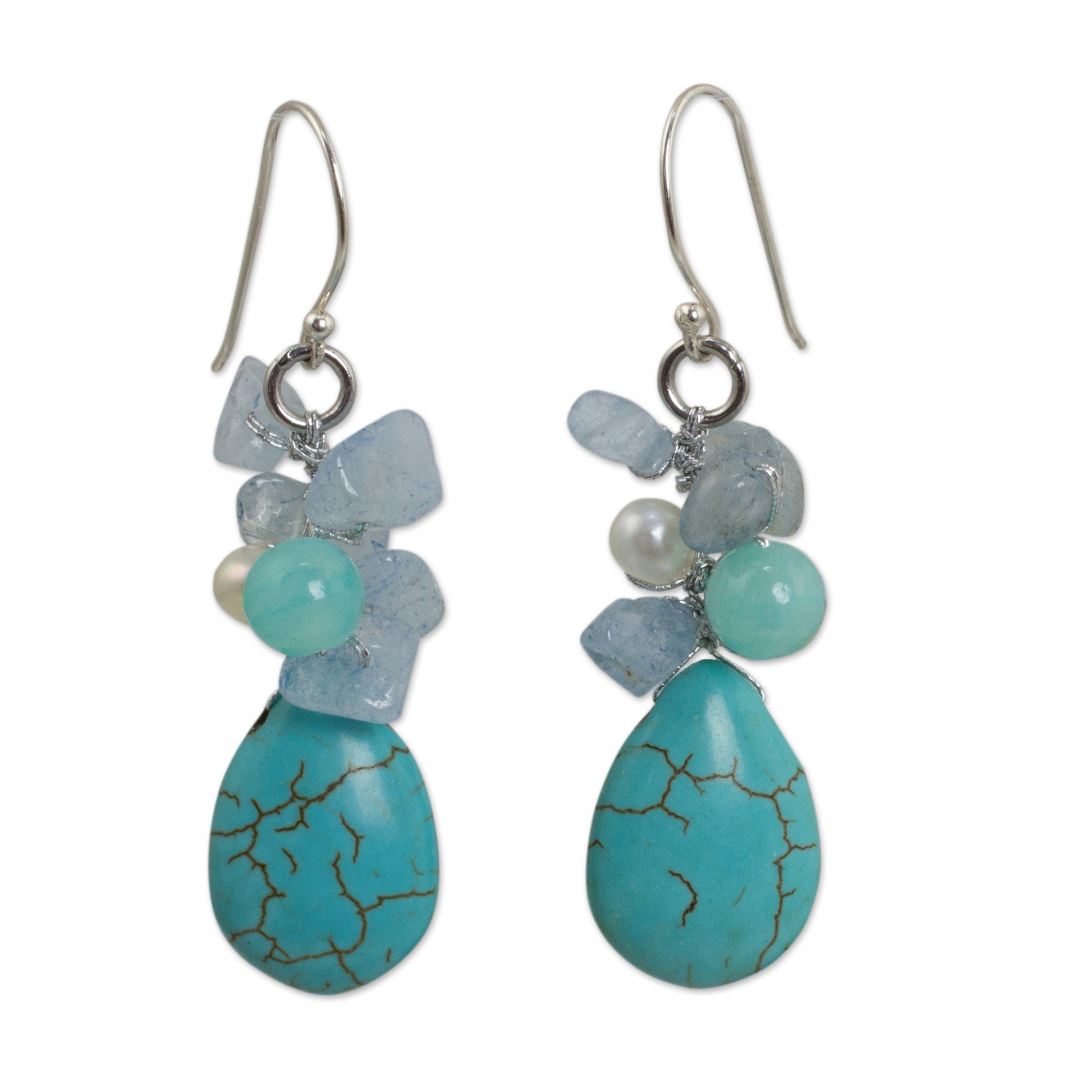 Premium Handmade Pearl & Aquamarine Blue Calcite Earrings – Thailand Artisan Craft