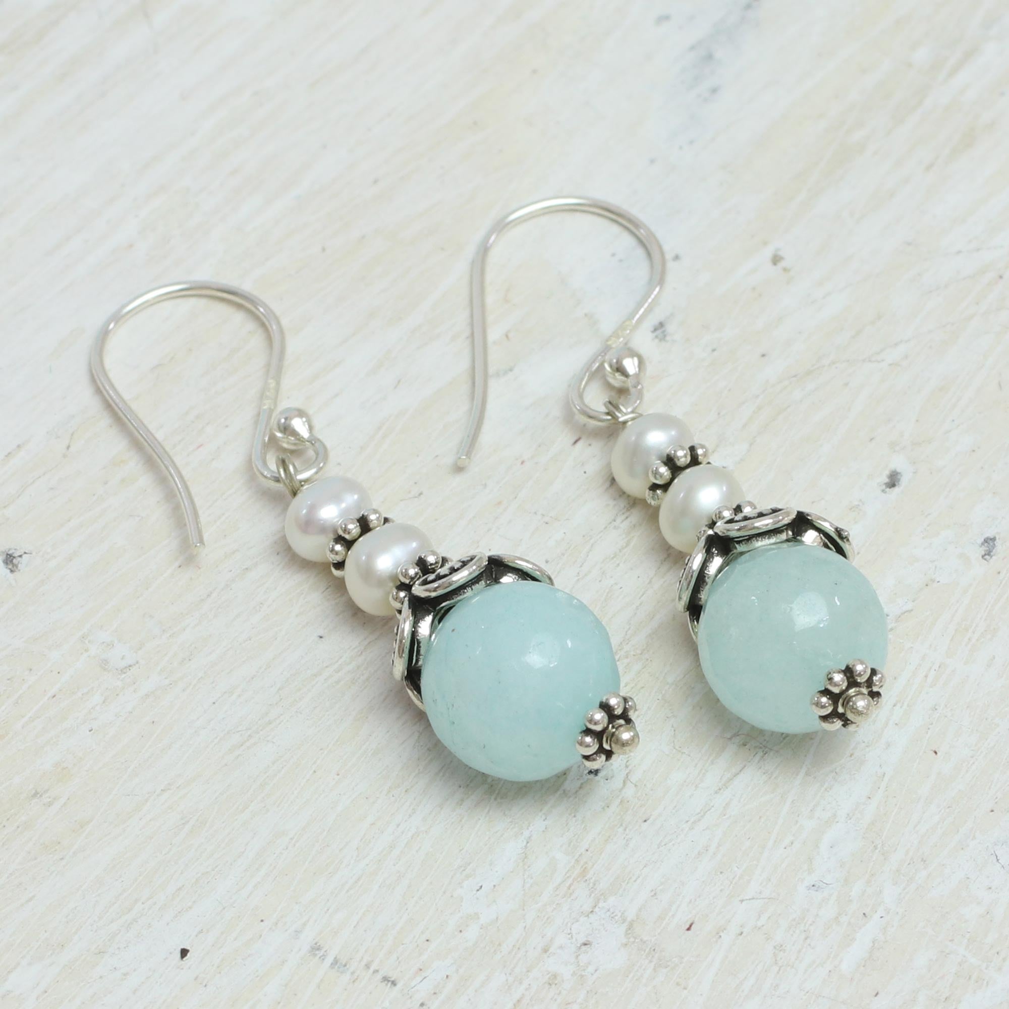 Premium Aqua Aventurine & Pearl Dangle Earrings by Narayani