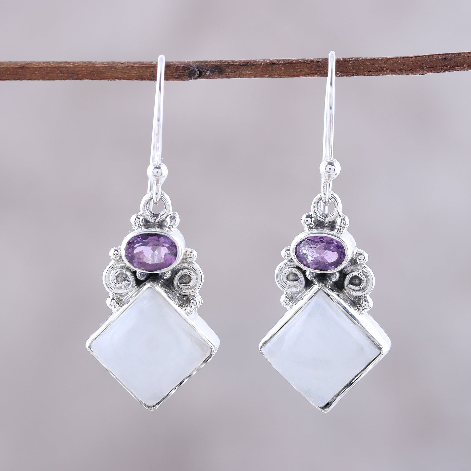 Premium Sterling Silver Rainbow Moonstone & Amethyst Dangle Earrings