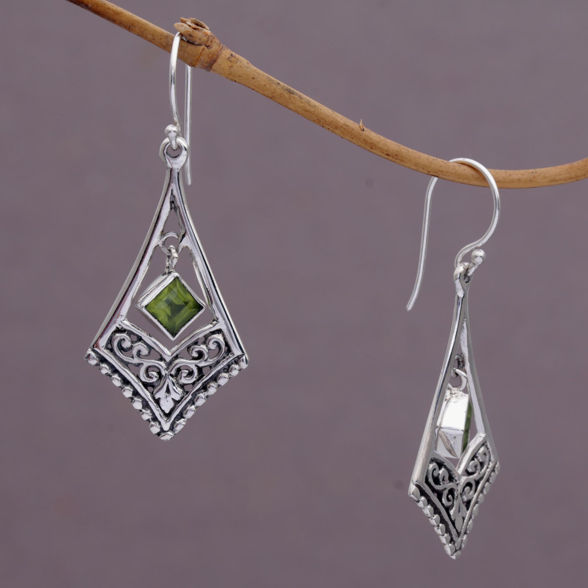 Premium Gianyar Dangle Earrings - Handcrafted Sterling Silver with Green Peridot