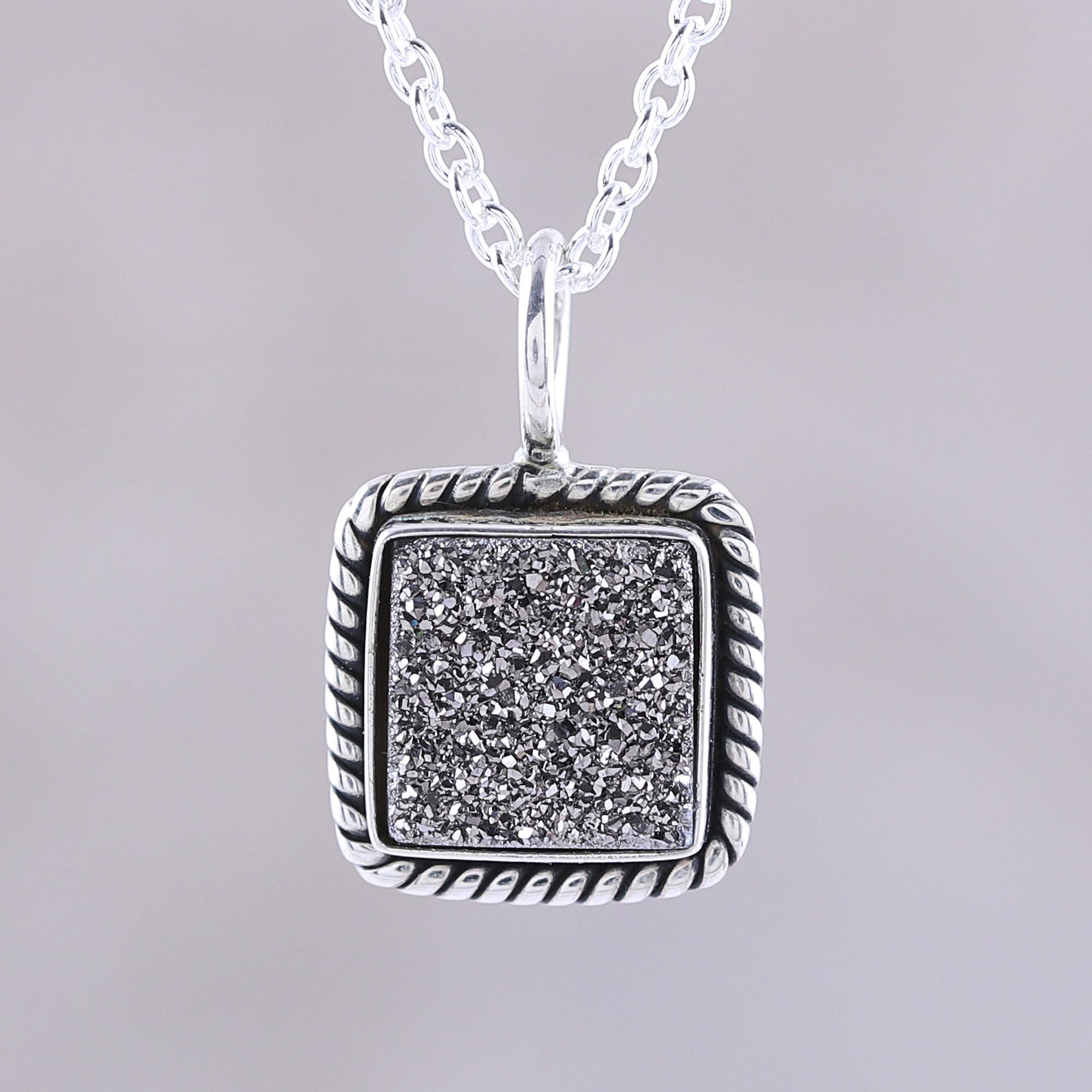 Premium Grey Sparkle Sterling Silver Necklace with Drusy Quartz Pendant