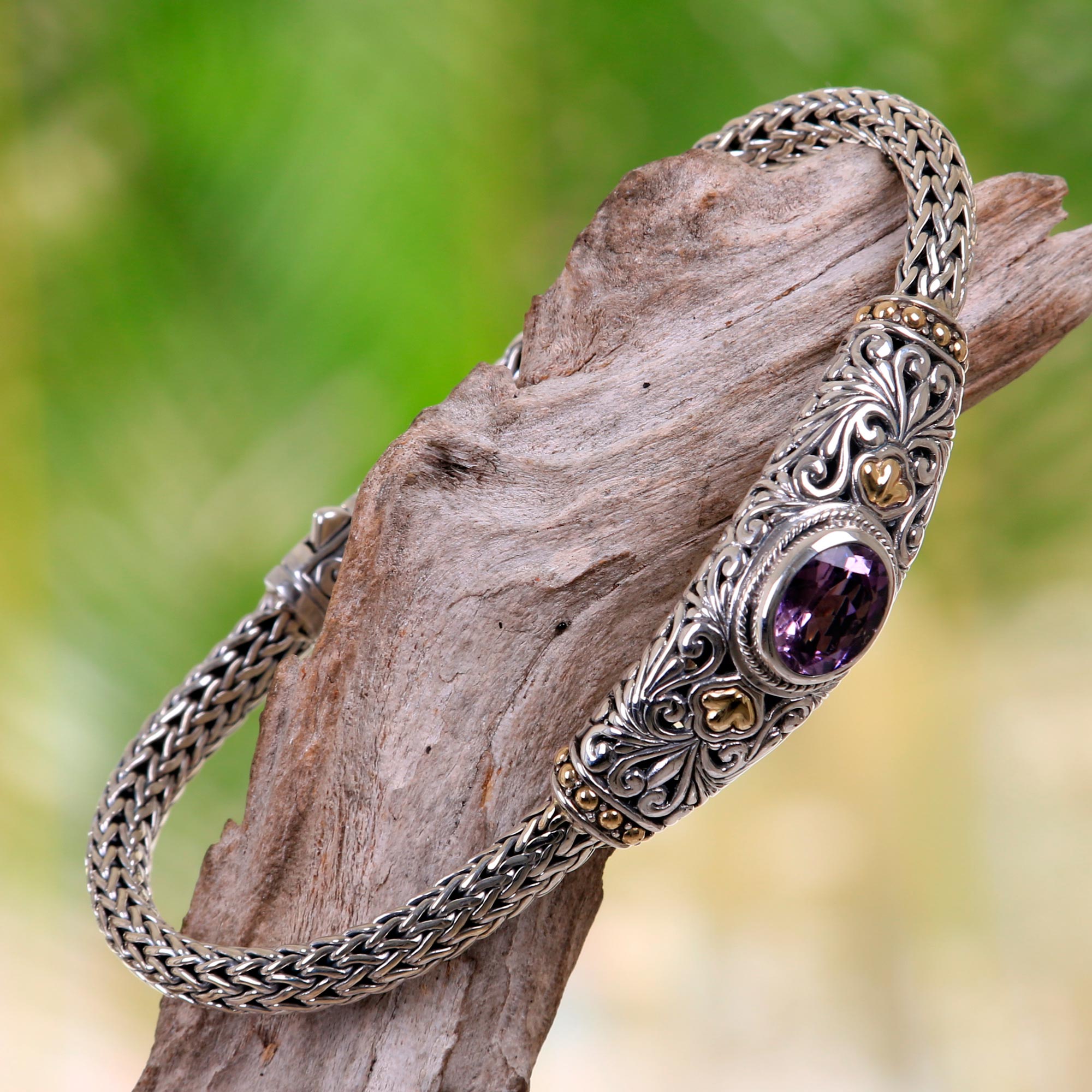 Premium Balinese Handcrafted Amethyst Bracelet with 18k Gold Accents