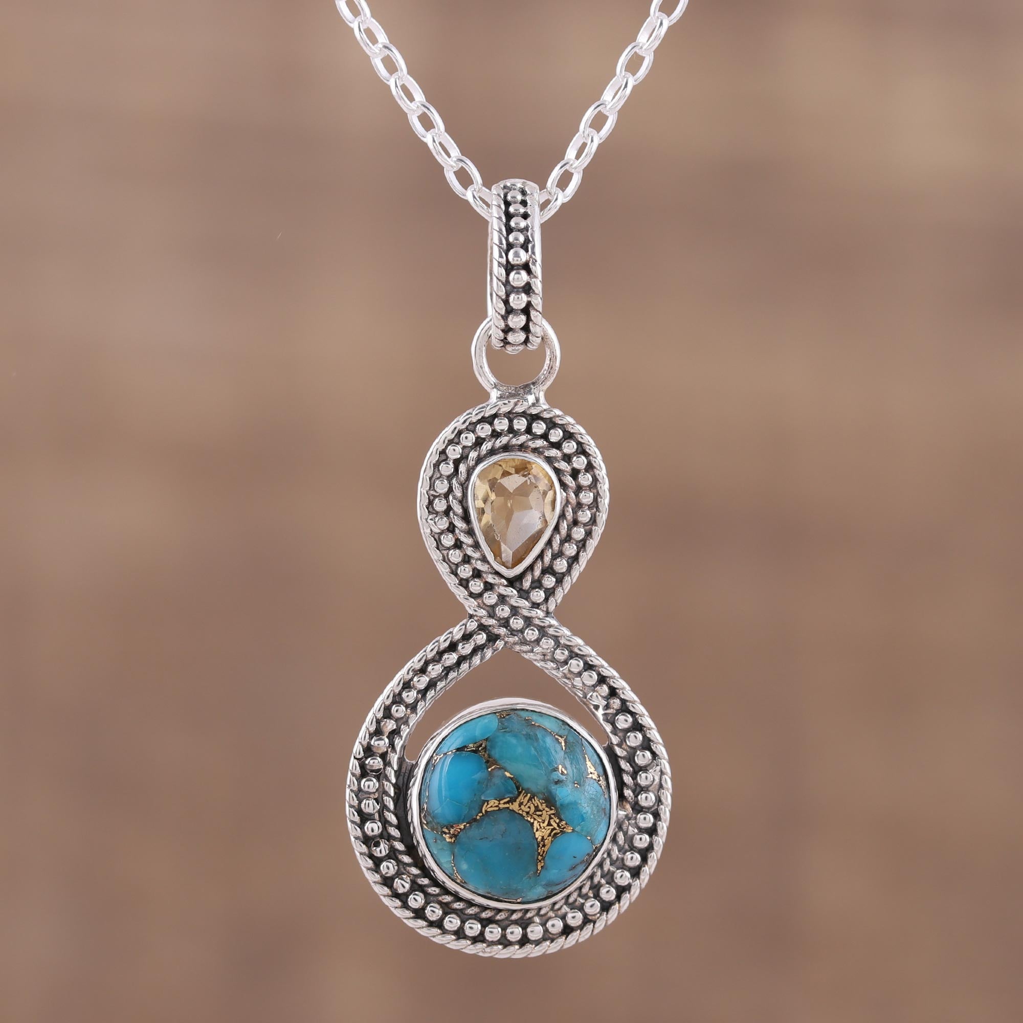 Premium Infinity Citrine & Turquoise Pendant Necklace - Handcrafted Sterling Silver