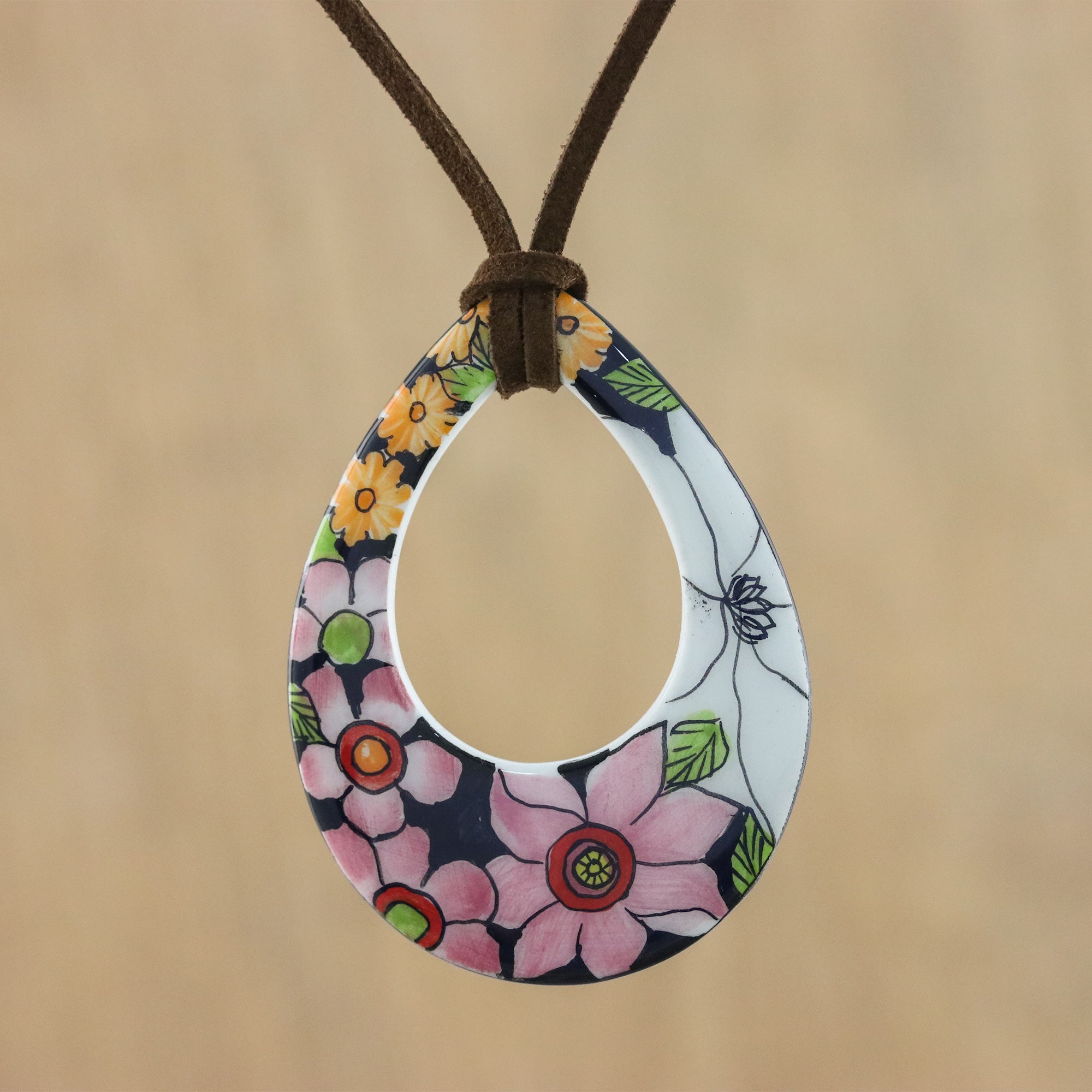 Premium Hand-Painted Ceramic Floral Pendant Necklace - Bursting Blooms Collection