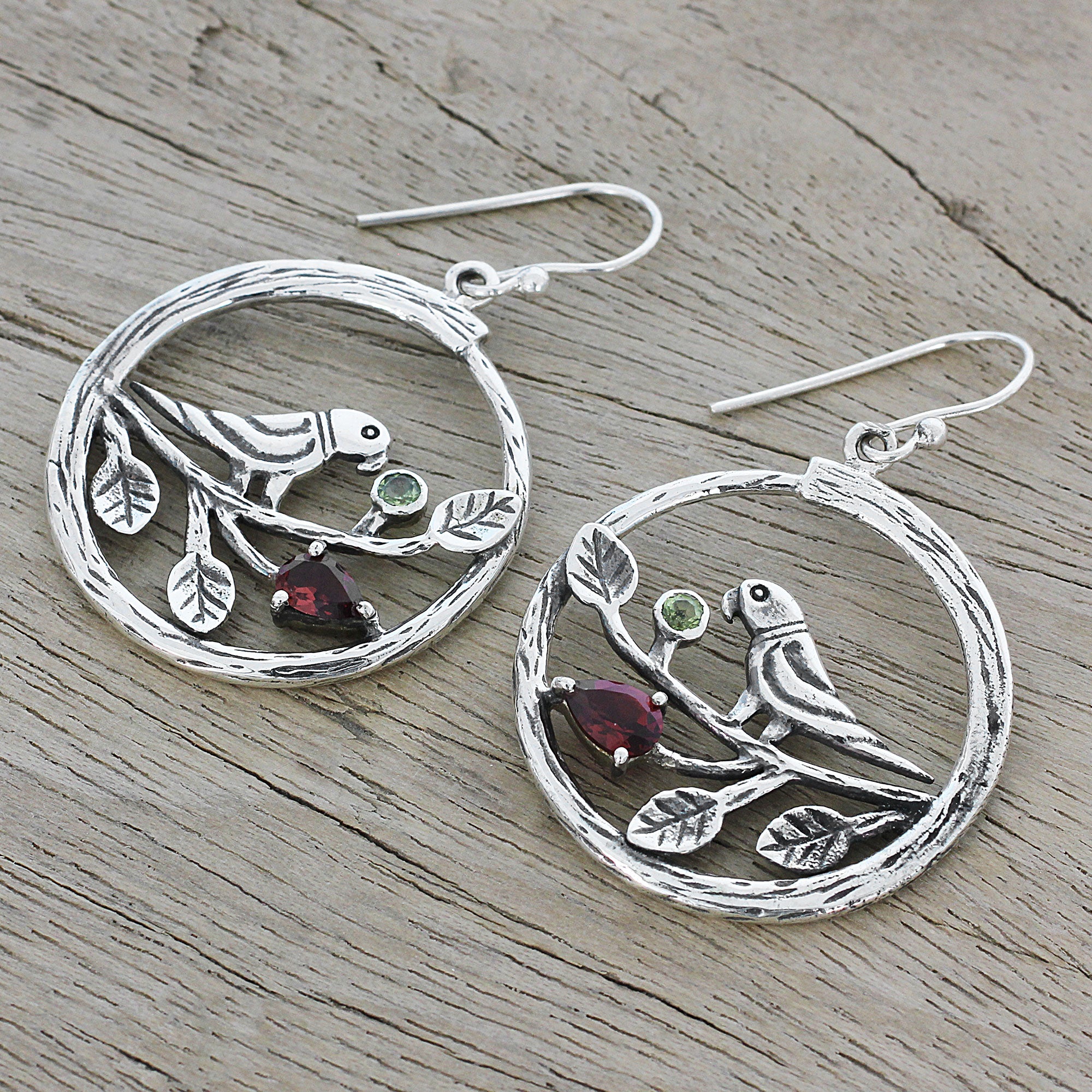 Premium Sterling Silver Parrot Dangle Earrings with Garnet & Peridot | Handcrafted in India