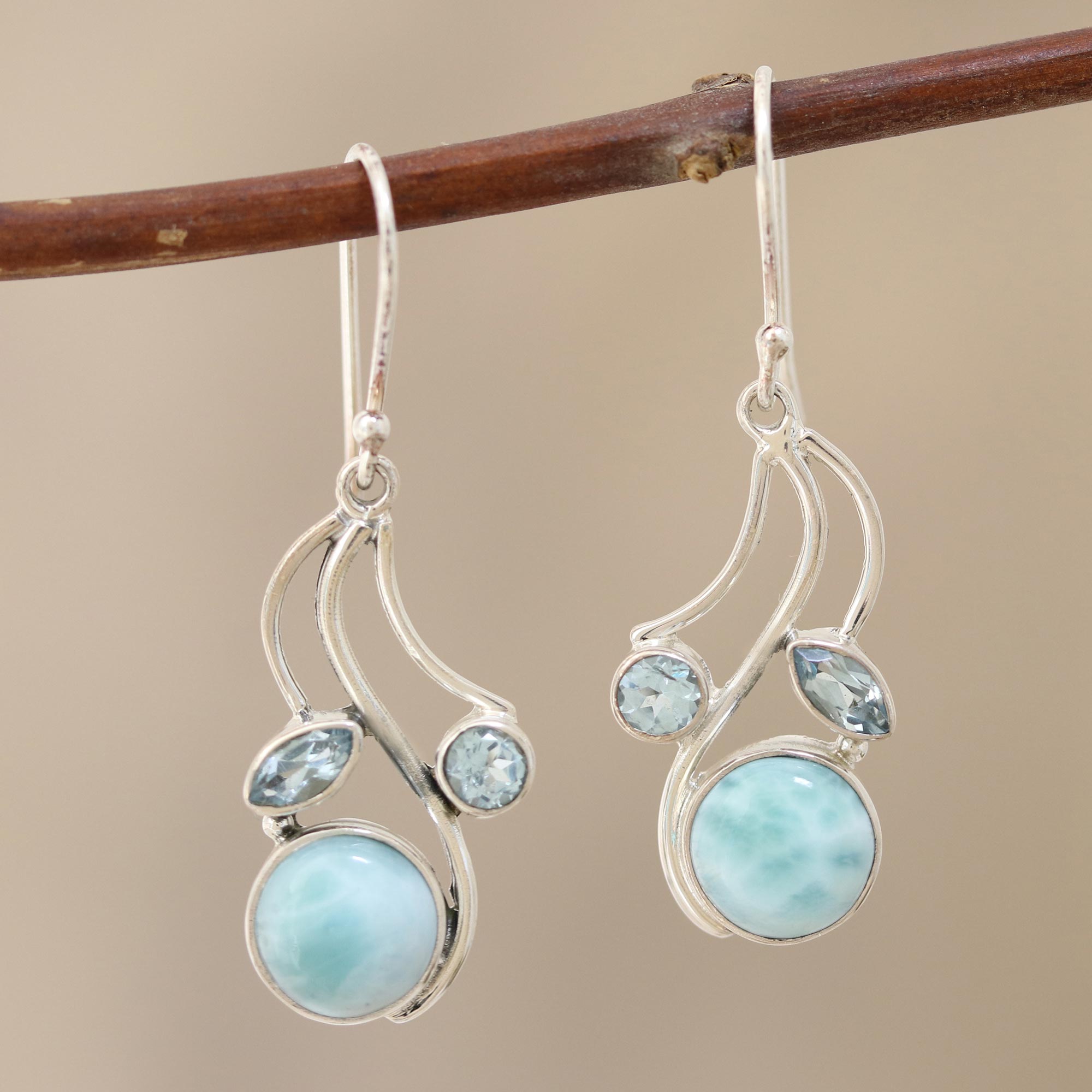 Premium Triple Fascination Blue Topaz & Larimar Dangle Earrings