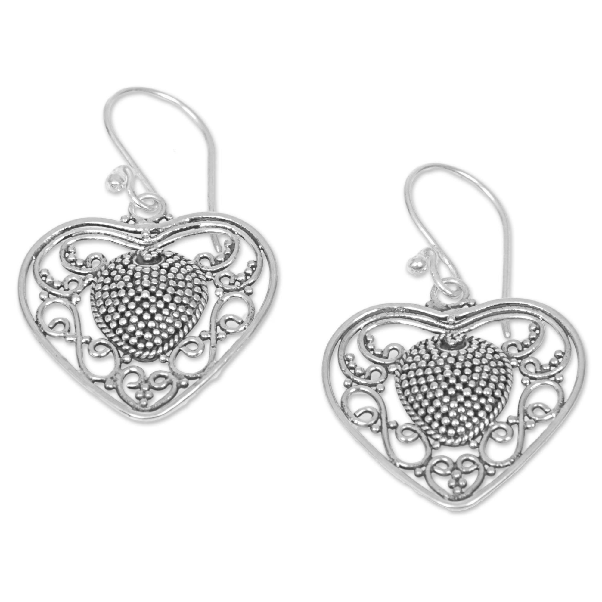 Premium Sterling Silver Heart Dangle Earrings - Handcrafted in Indonesia