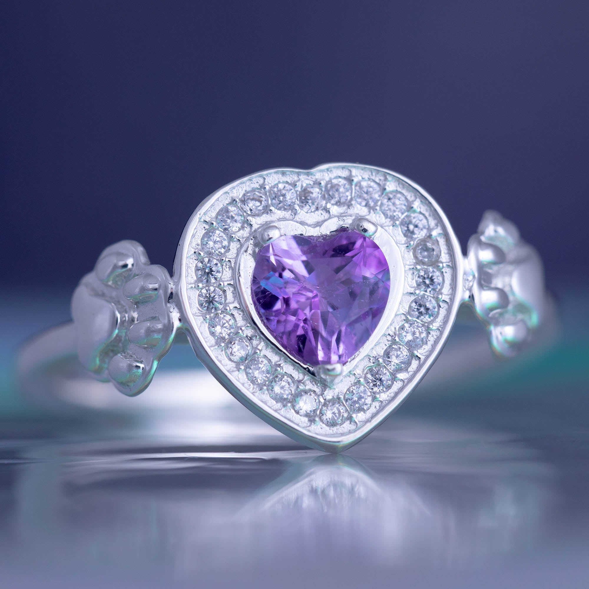 Premium Sterling Silver & Amethyst Paw Print Heart Ring - Handcrafted Animal Rescue Jewelry