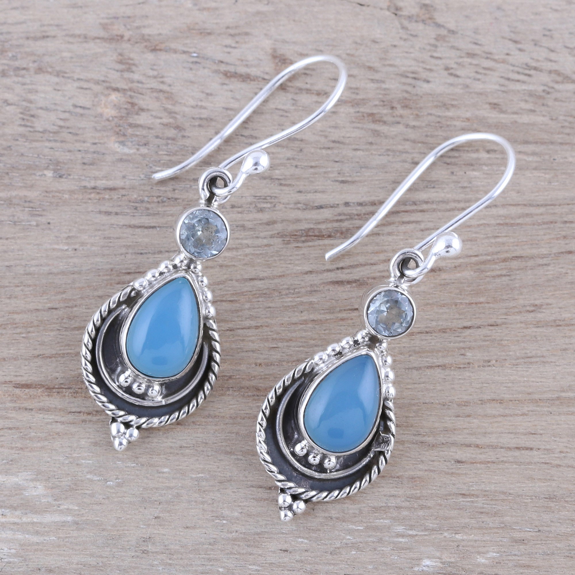 Premium Sky Fascination Chalcedony & Blue Topaz Dangle Earrings – Handcrafted in India