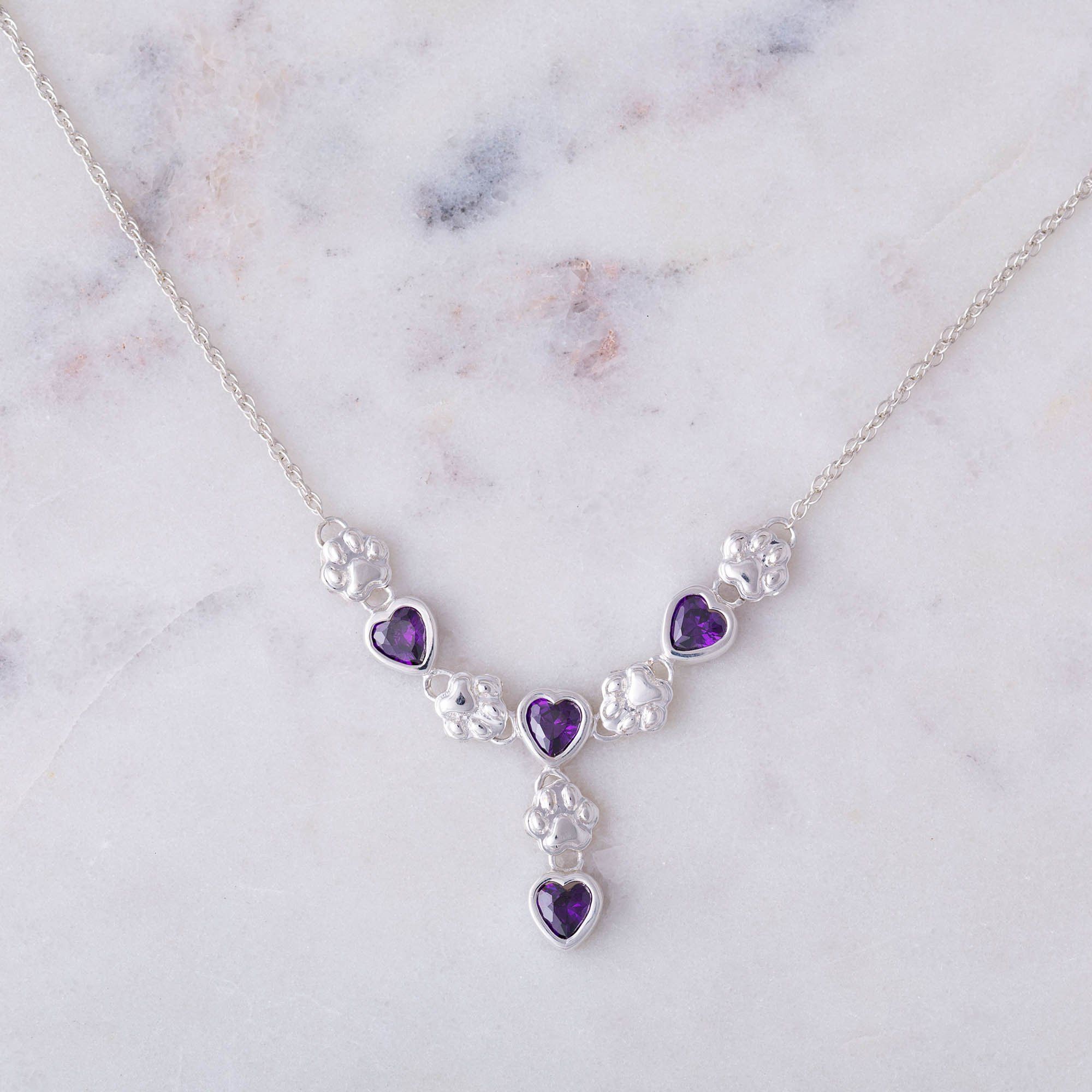 Premium Amethyst Hearts & Paws Sterling Silver Drop Necklace