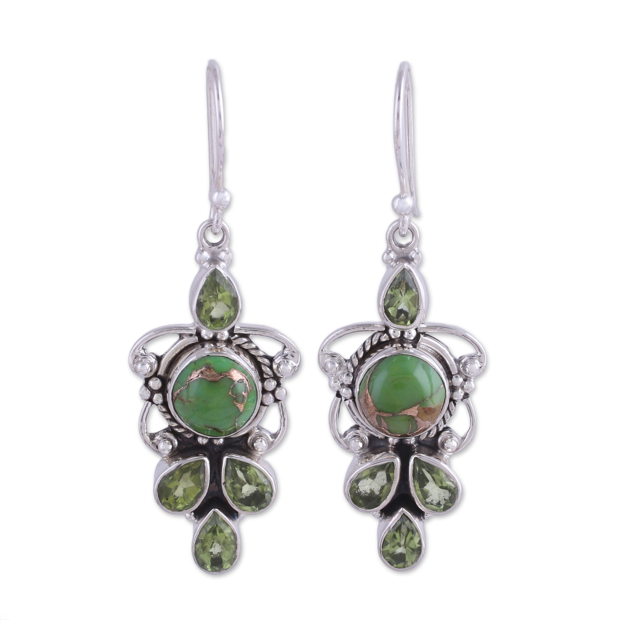 Premium Glittering Green Peridot & Turquoise Sterling Silver Dangle Earrings