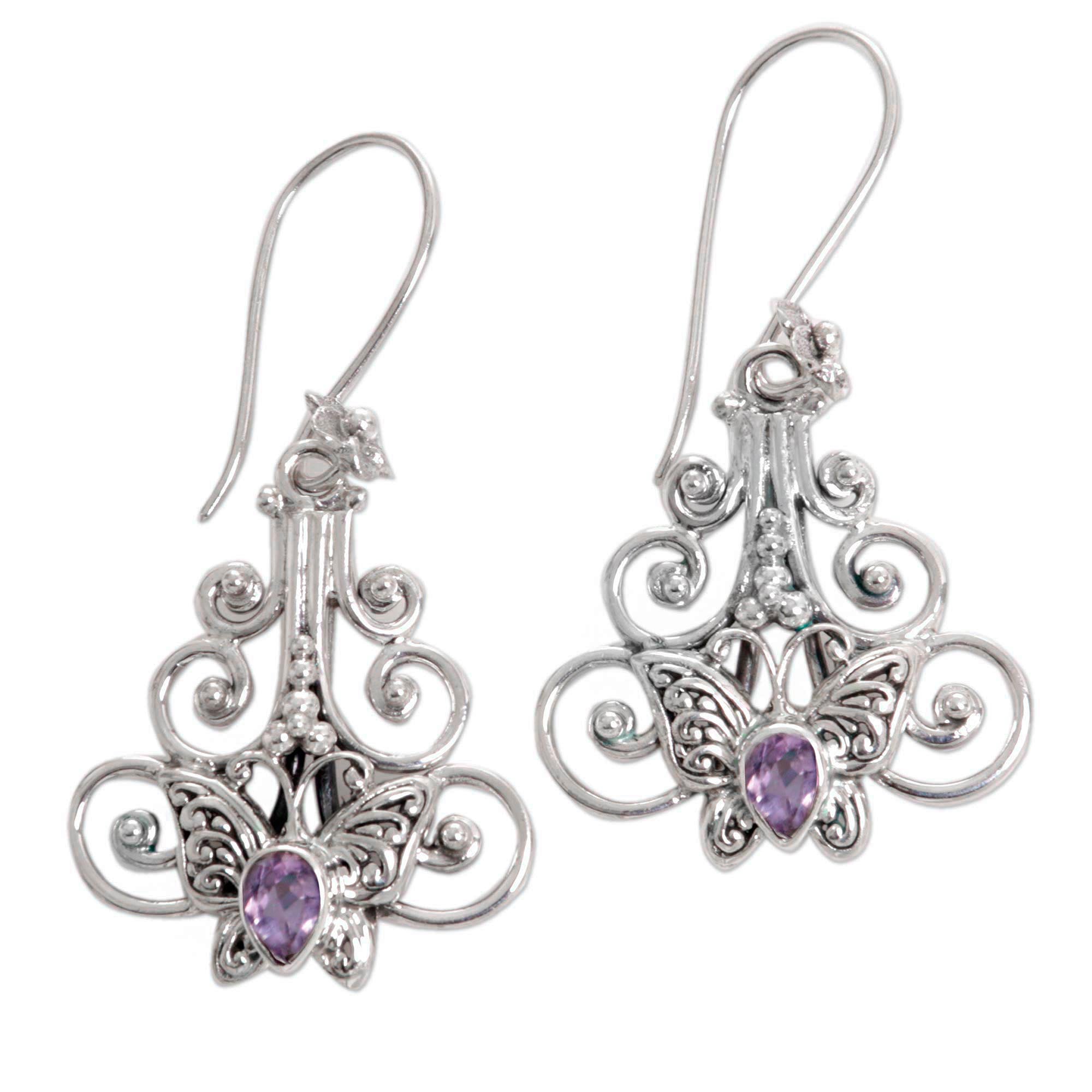 Premium Amethyst Butterfly Dangle Earrings – Handcrafted Sterling Silver Jewelry