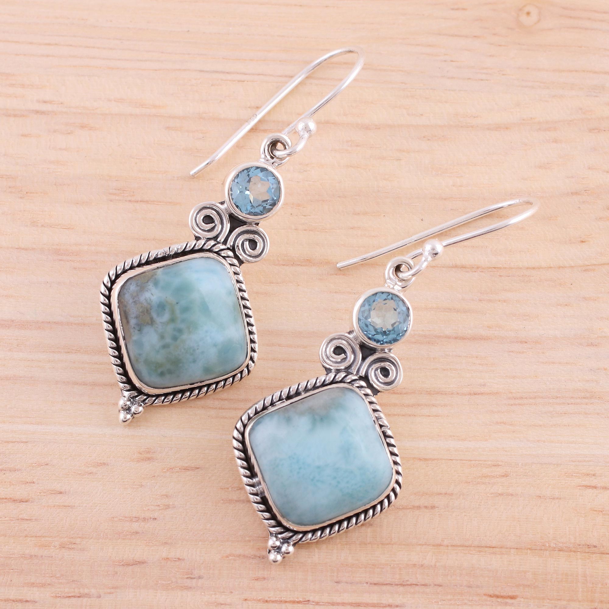 Premium Pastel Seas Blue Topaz & Larimar Sterling Silver Dangle Earrings