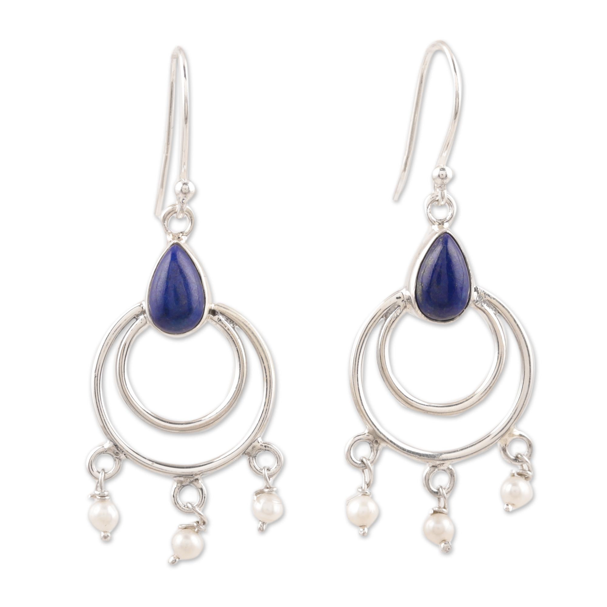 Premium Royal Lapis Lazuli & Cultured Pearl Dangle Earrings - Handcrafted in India