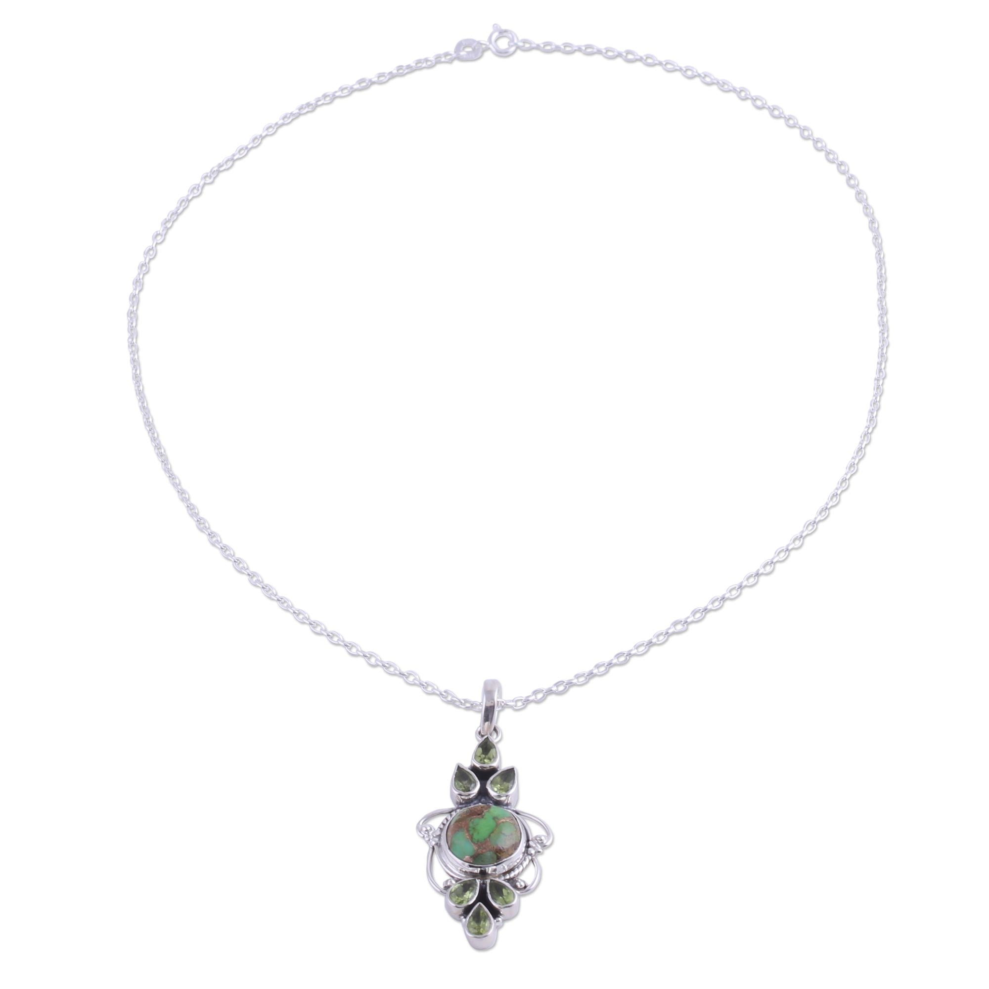 Premium Glittering Green Peridot & Turquoise Pendant Necklace - Handcrafted in India