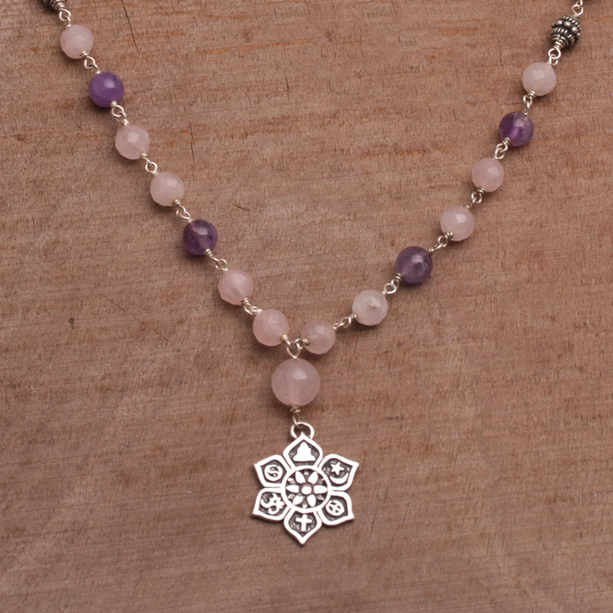 Premium Unity in Meditation Floral Rose Quartz & Amethyst Pendant Necklace - Handcrafted in Bali