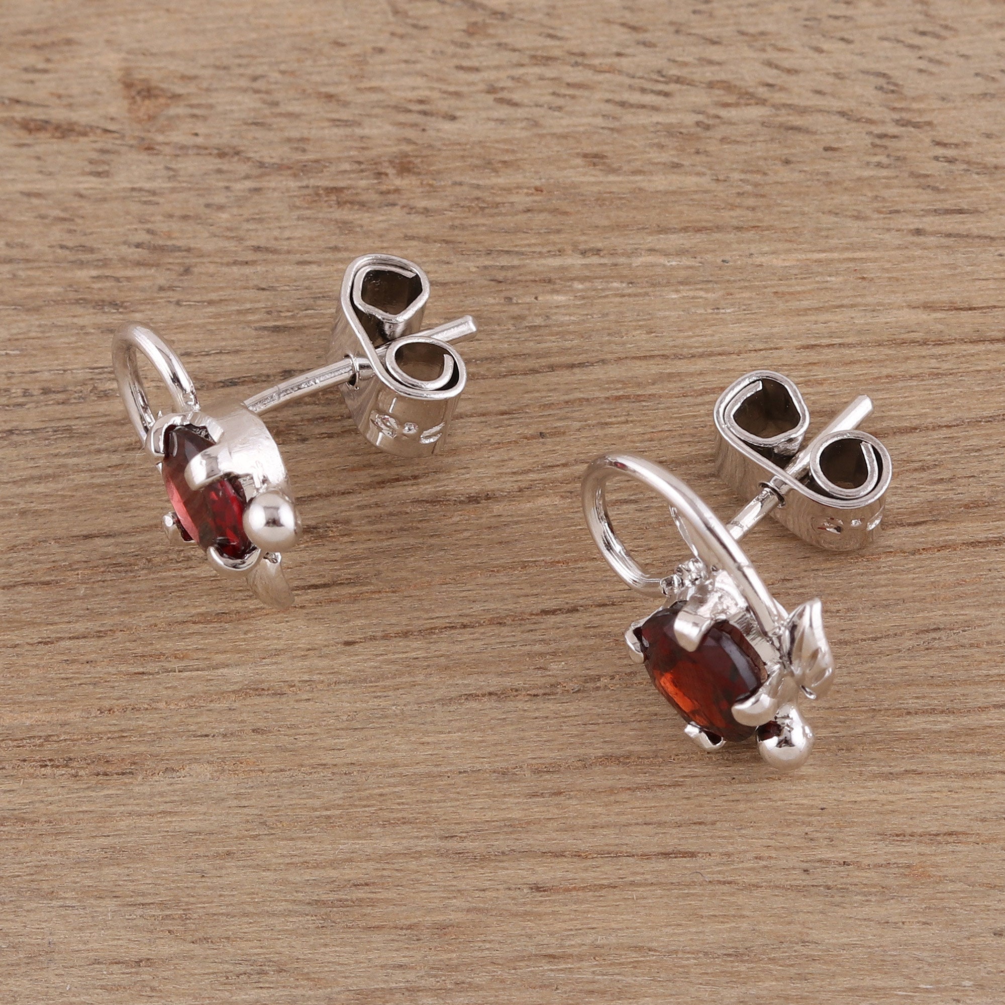 Premium Rhodium-Plated Garnet Stud Earrings - Handcrafted Elegance from India