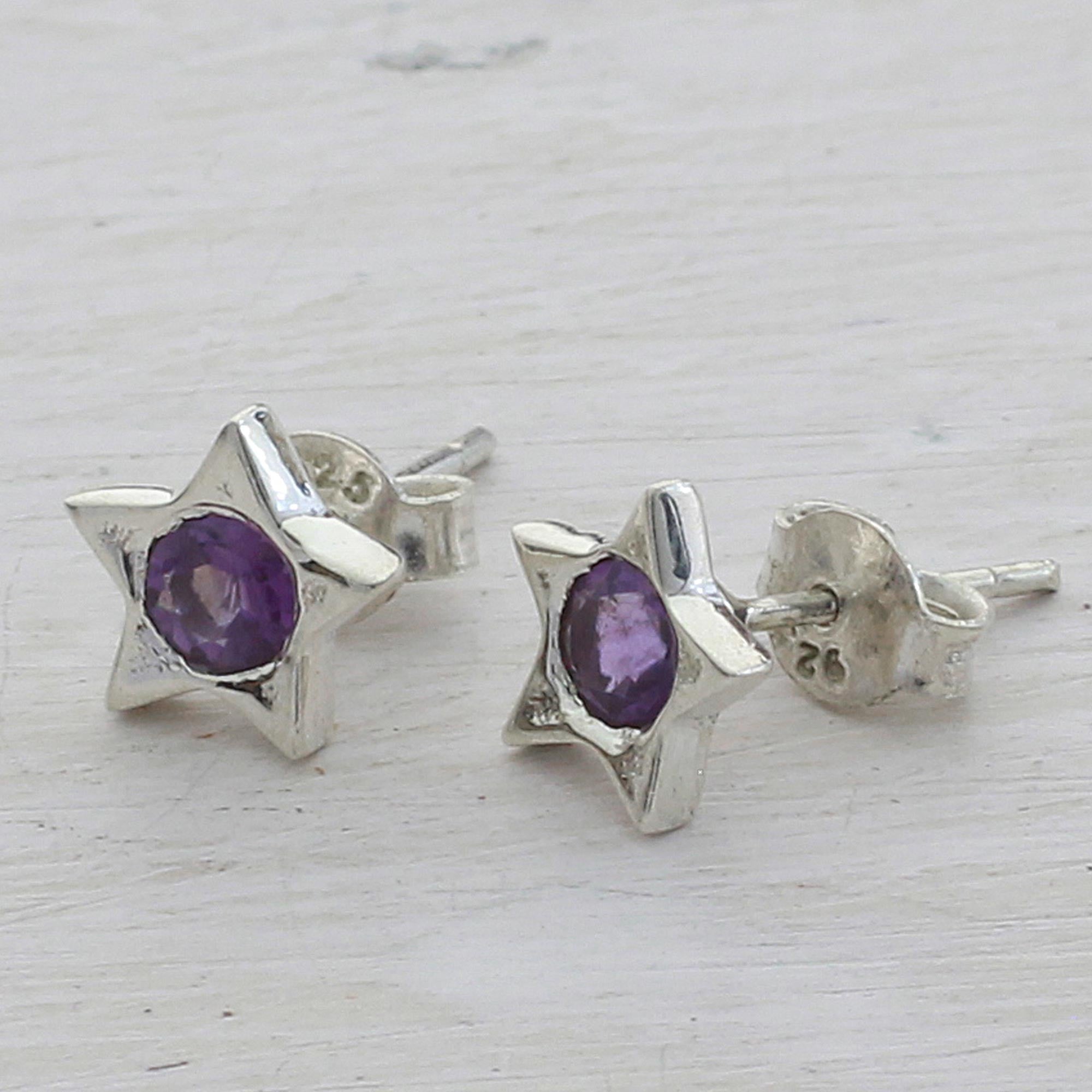 Premium Star Shaped Amethyst Stud Earrings in Sterling Silver