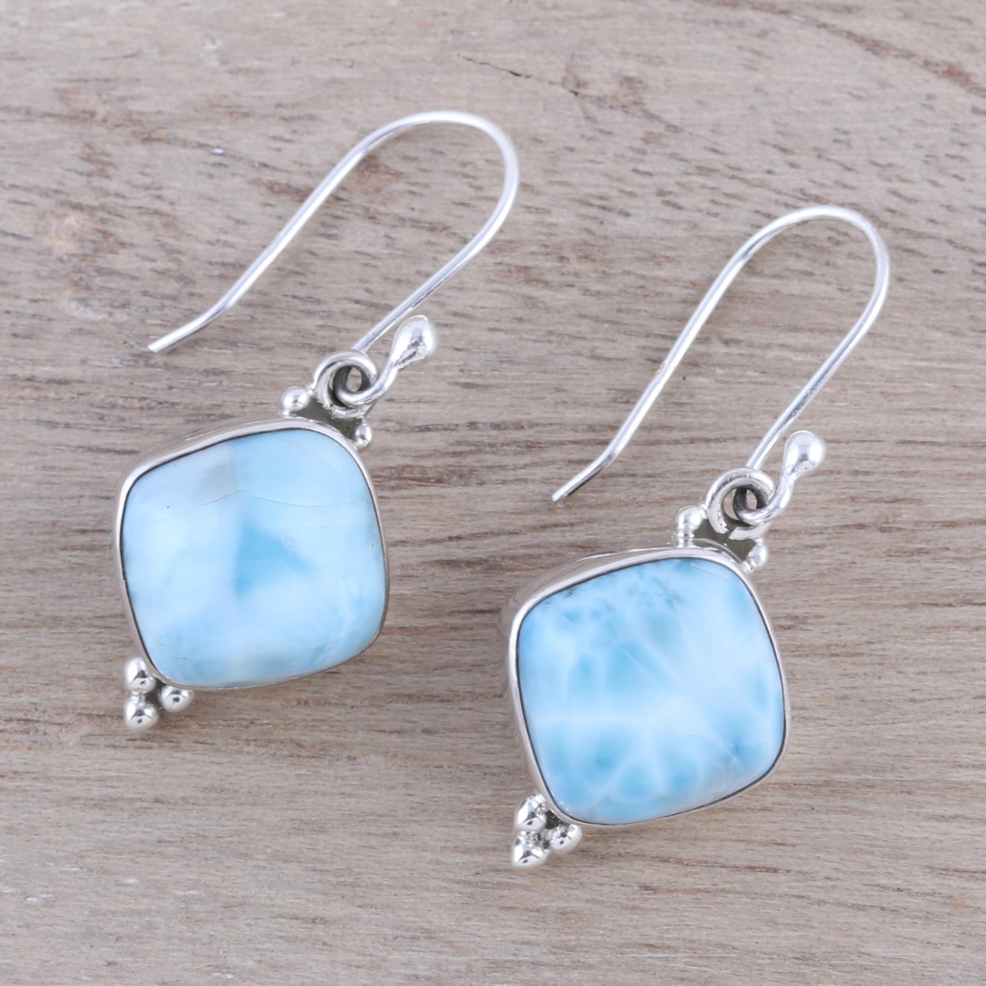 Premium Larimar Dangle Earrings - Handcrafted Sterling Silver Jewelry