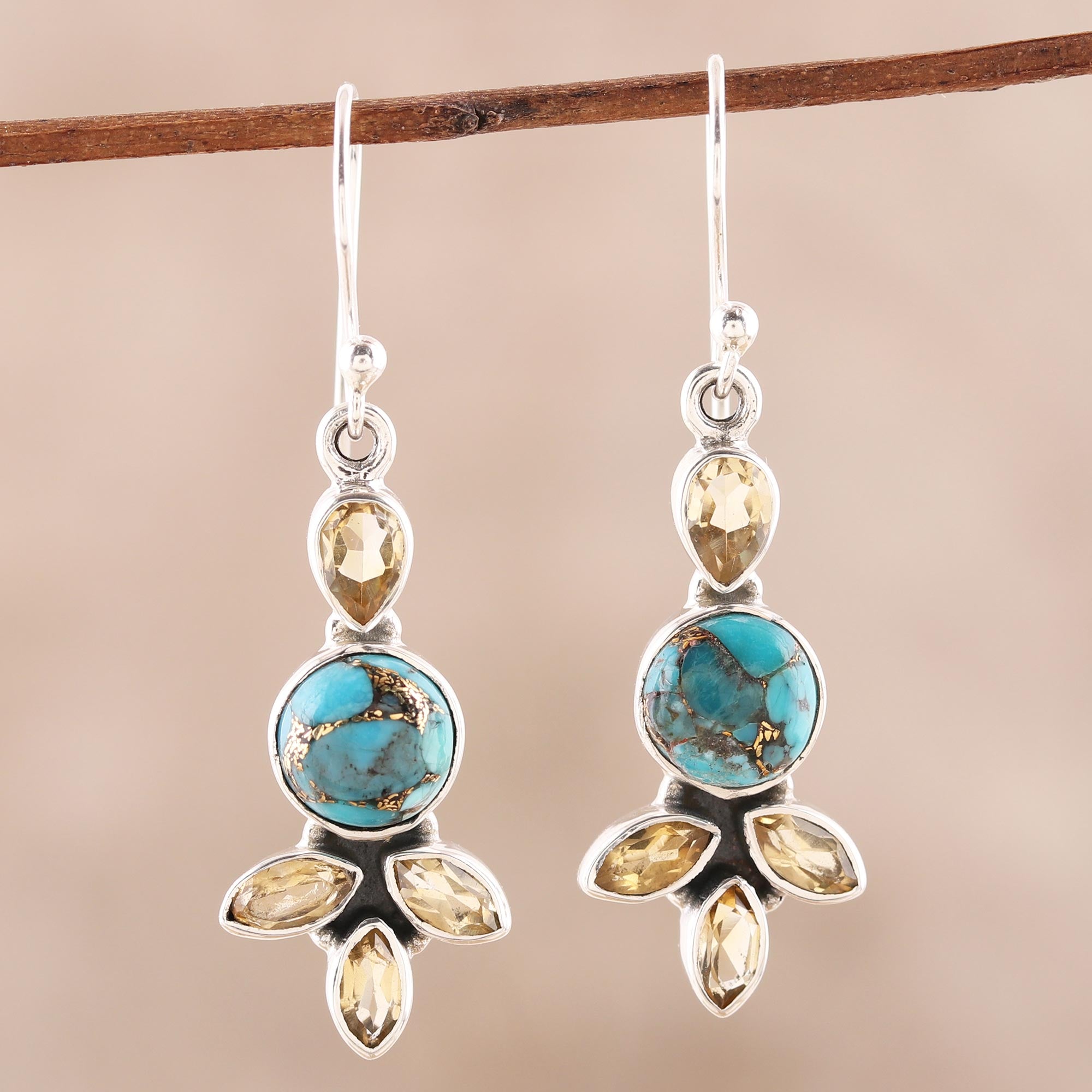 Premium Glimmering Glory Citrine & Turquoise Dangle Earrings - Handcrafted in India