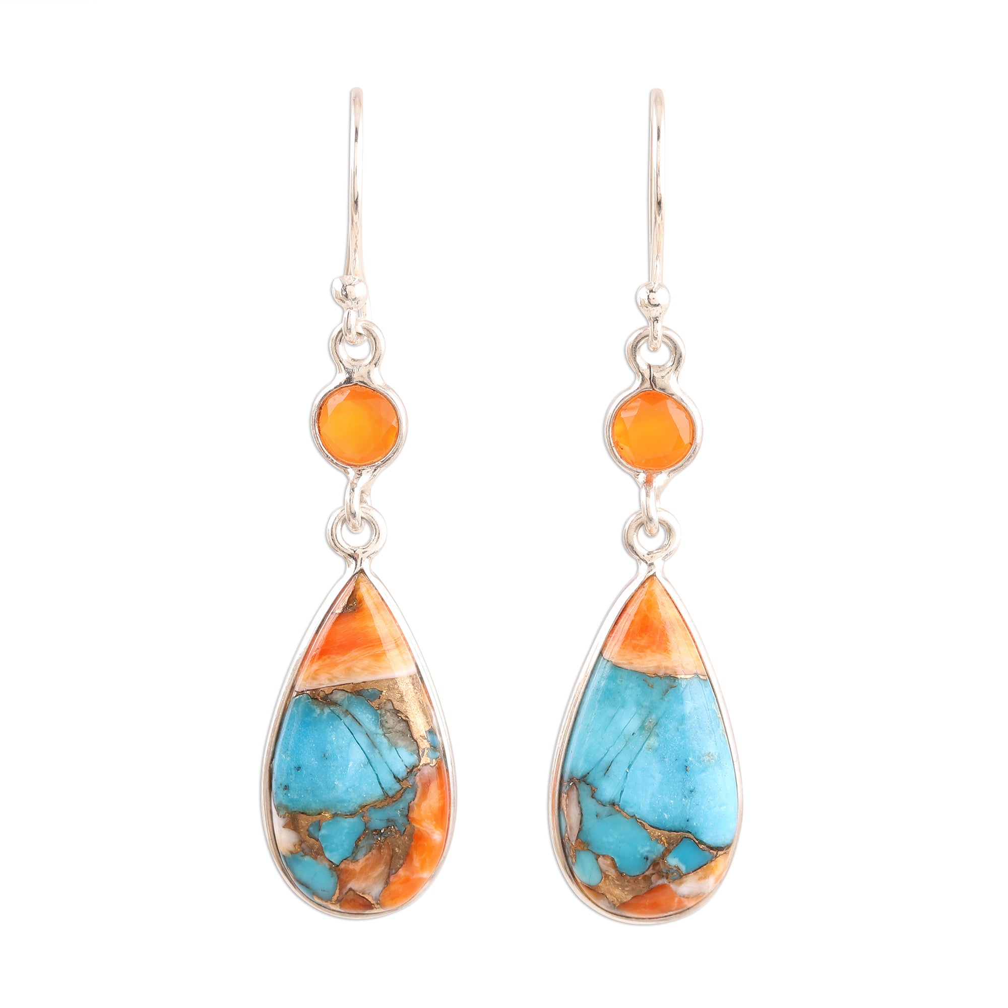 Premium Teardrop Glamour Earrings: Carnelian & Turquoise Elegance from India