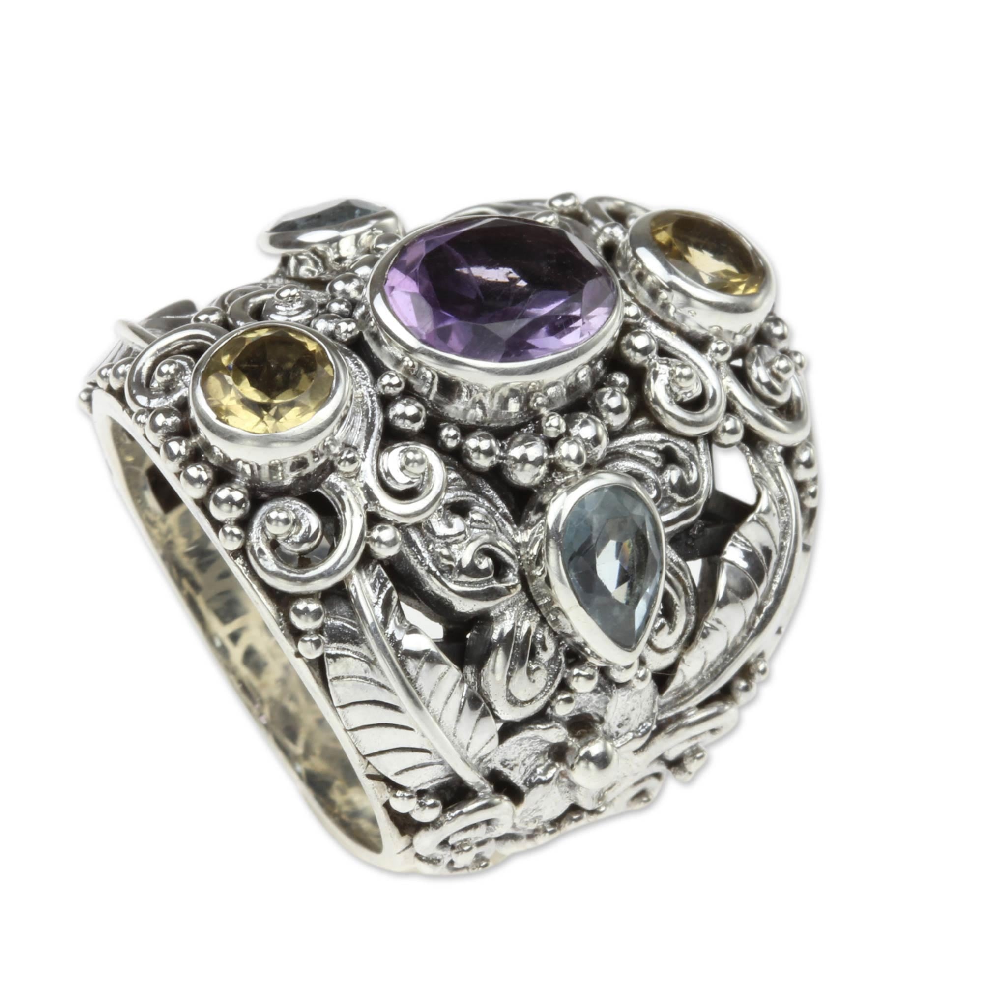 Premium Butterfly Queen Cocktail Ring: Amethyst & Blue Topaz Sterling Silver Design