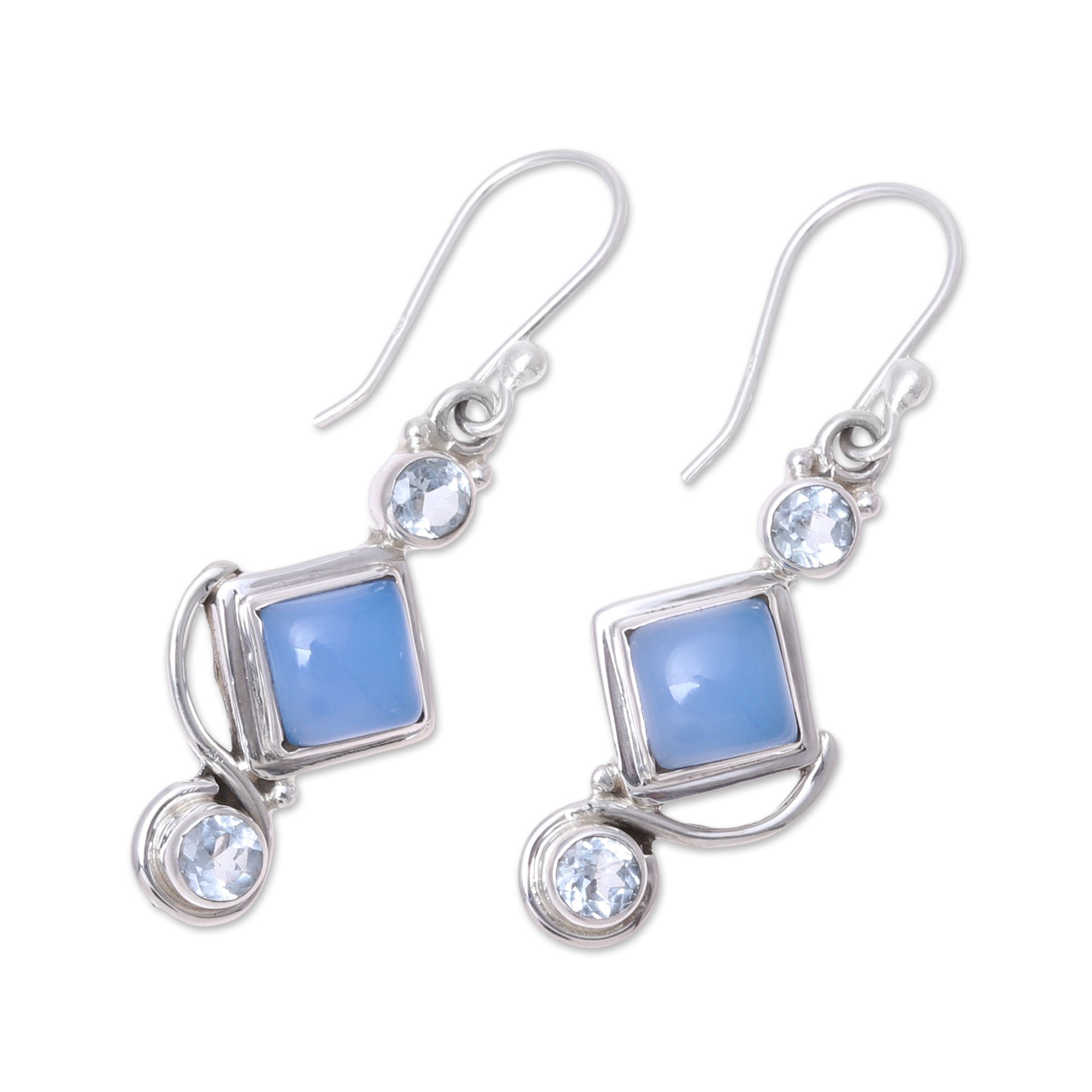 Premium Ocean-Inspired Blue Topaz & Chalcedony Dangle Earrings - Handmade Sterling Silver Jewelry