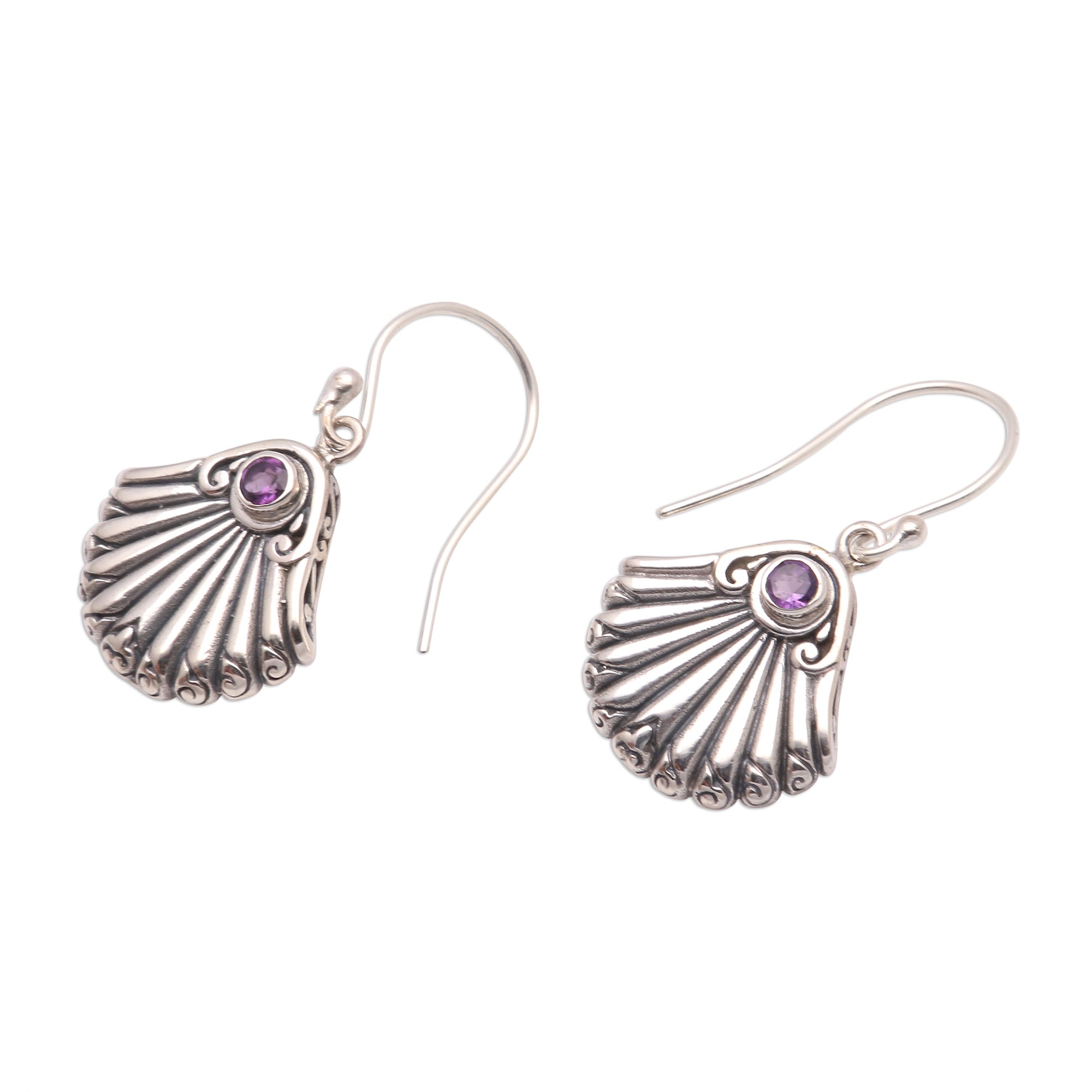 Premium Bali Amethyst Seashell Dangle Earrings - Handcrafted Sterling Silver