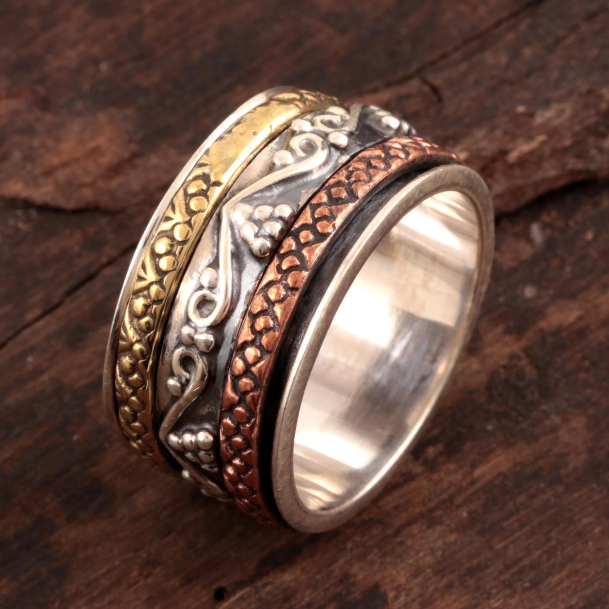 Premium Sterling Silver Spinner Ring with Brass & Copper Accents | Shivani Choudhary Design