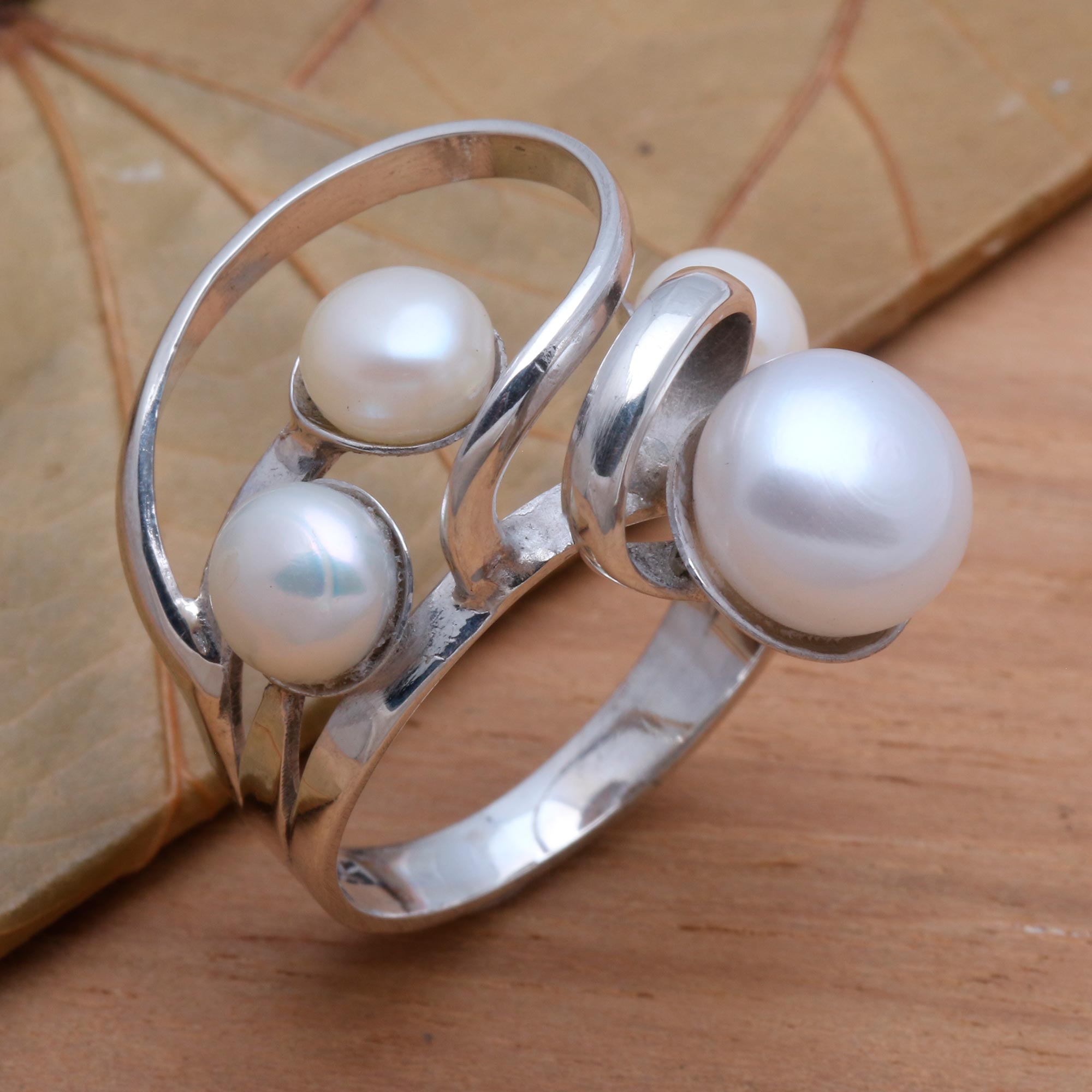 Premium Wave Crest Pearl Cocktail Ring – Elegant Sterling Silver Design