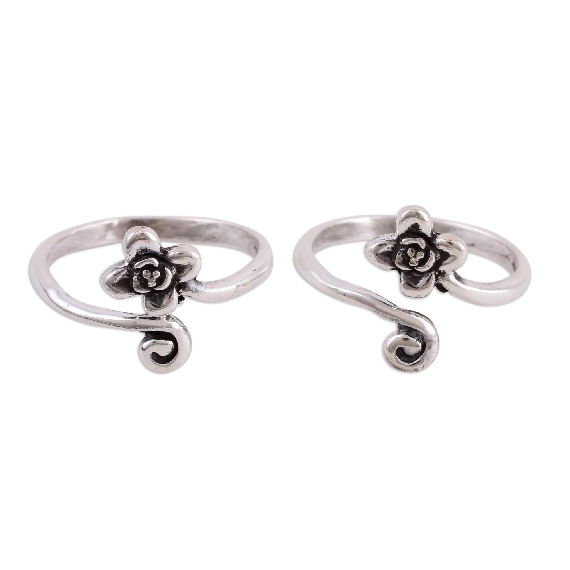 Premium Sterling Silver Flower & Swirl Toe Rings – Handmade Pair