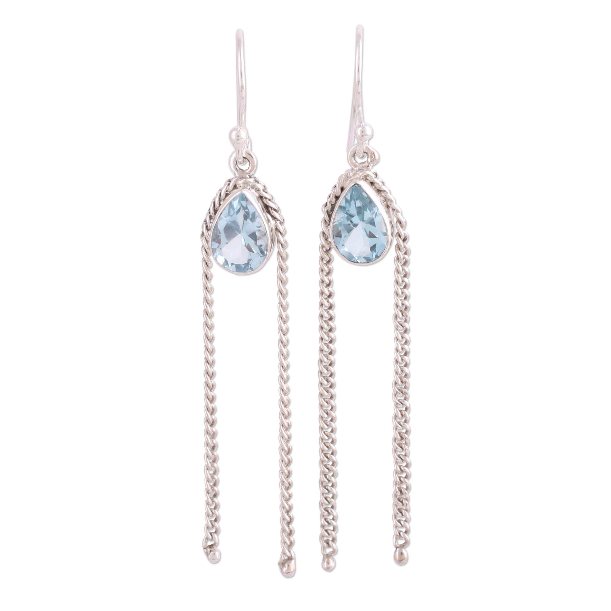 Premium Sky Chains Teardrop Blue Topaz Dangle Earrings - Handcrafted in India