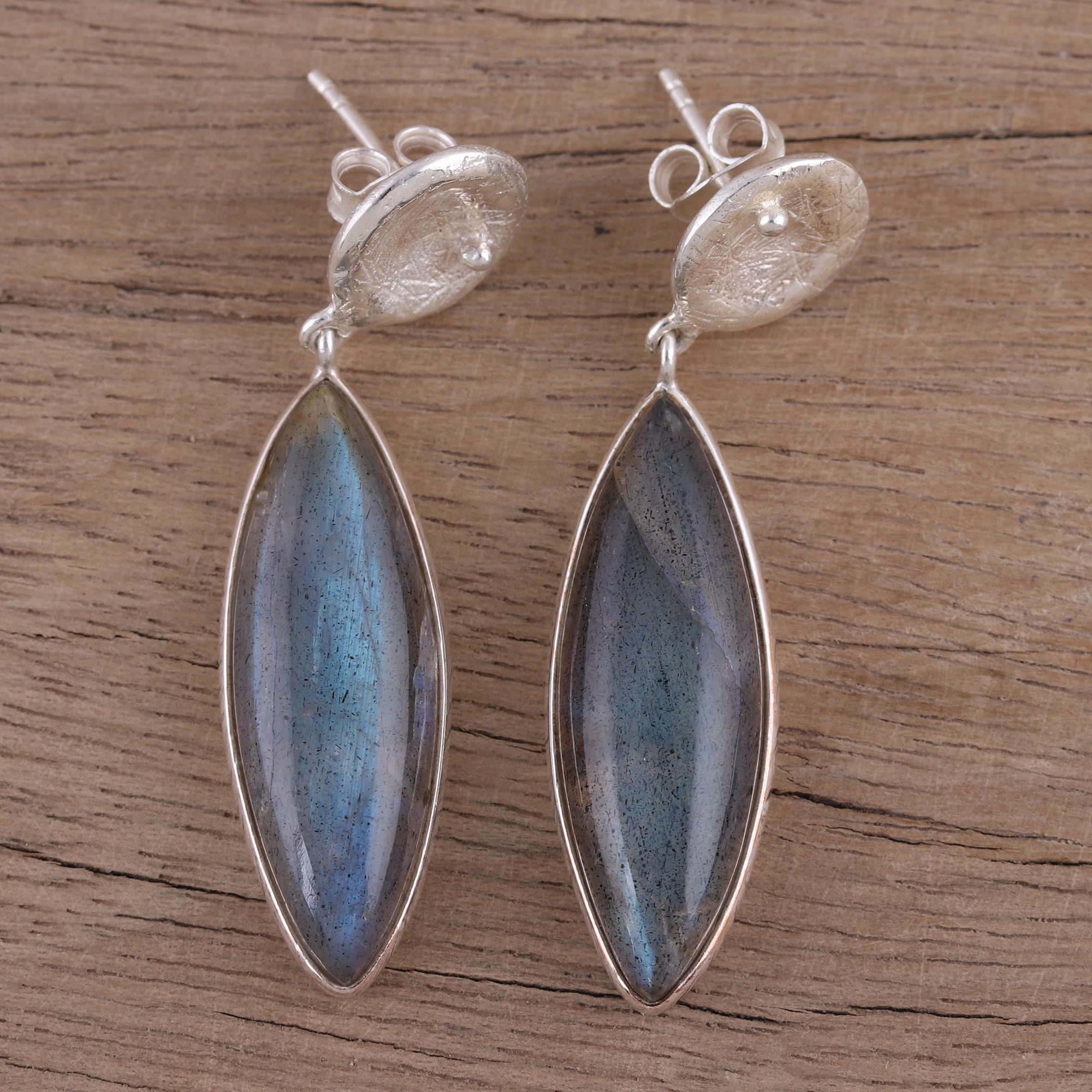 Premium Grey Eyes Labradorite Dangle Earrings - Textured Sterling Silver