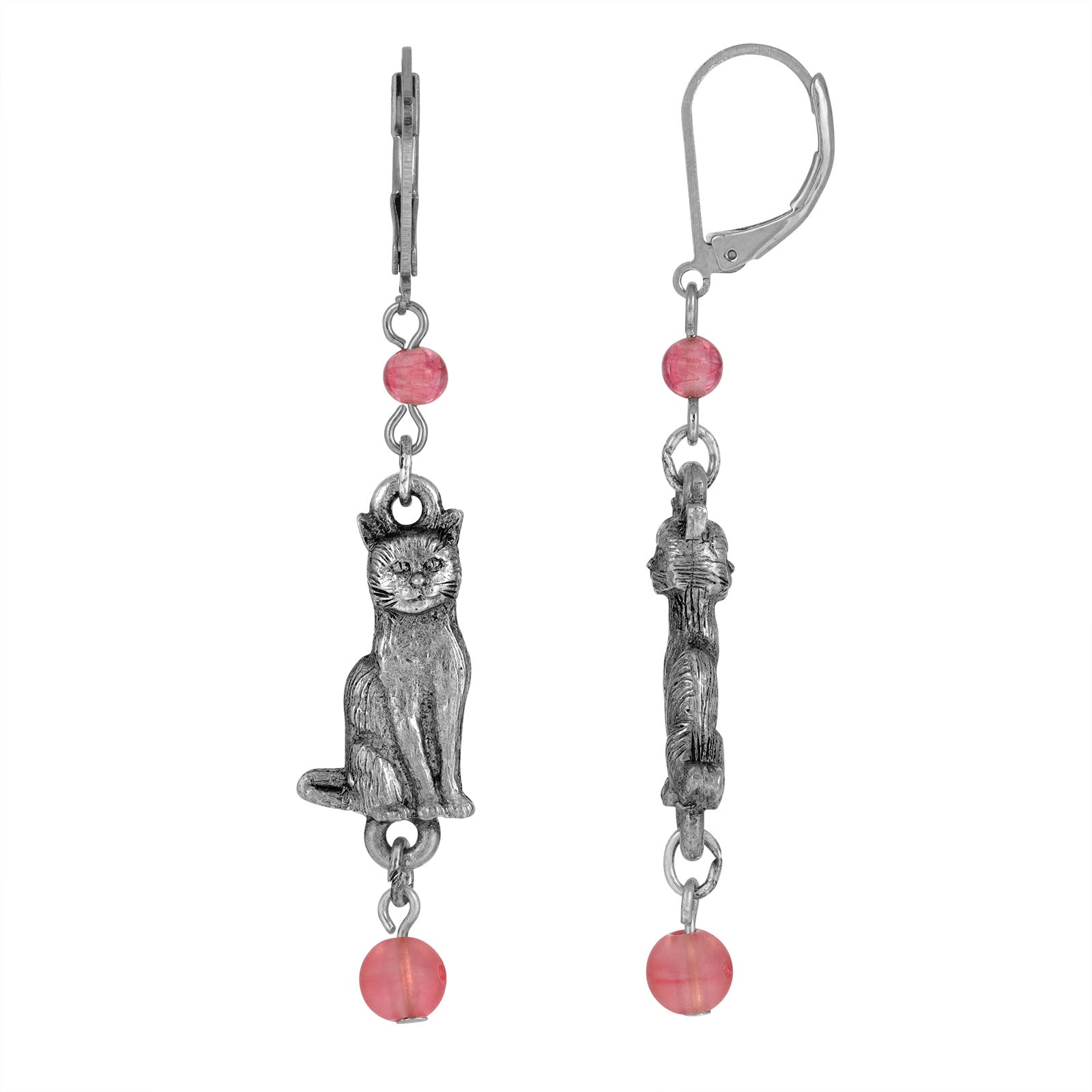 Premium 1928 Jewelry® Silver Tone Pink Bead Cat Drop Earrings - Adorable Kitty Design