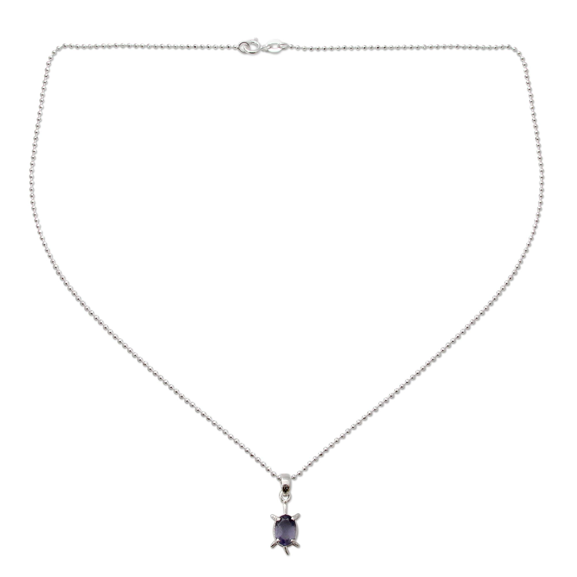 Premium Iolite Crystal Turtle Necklace - Sterling Silver Pendant