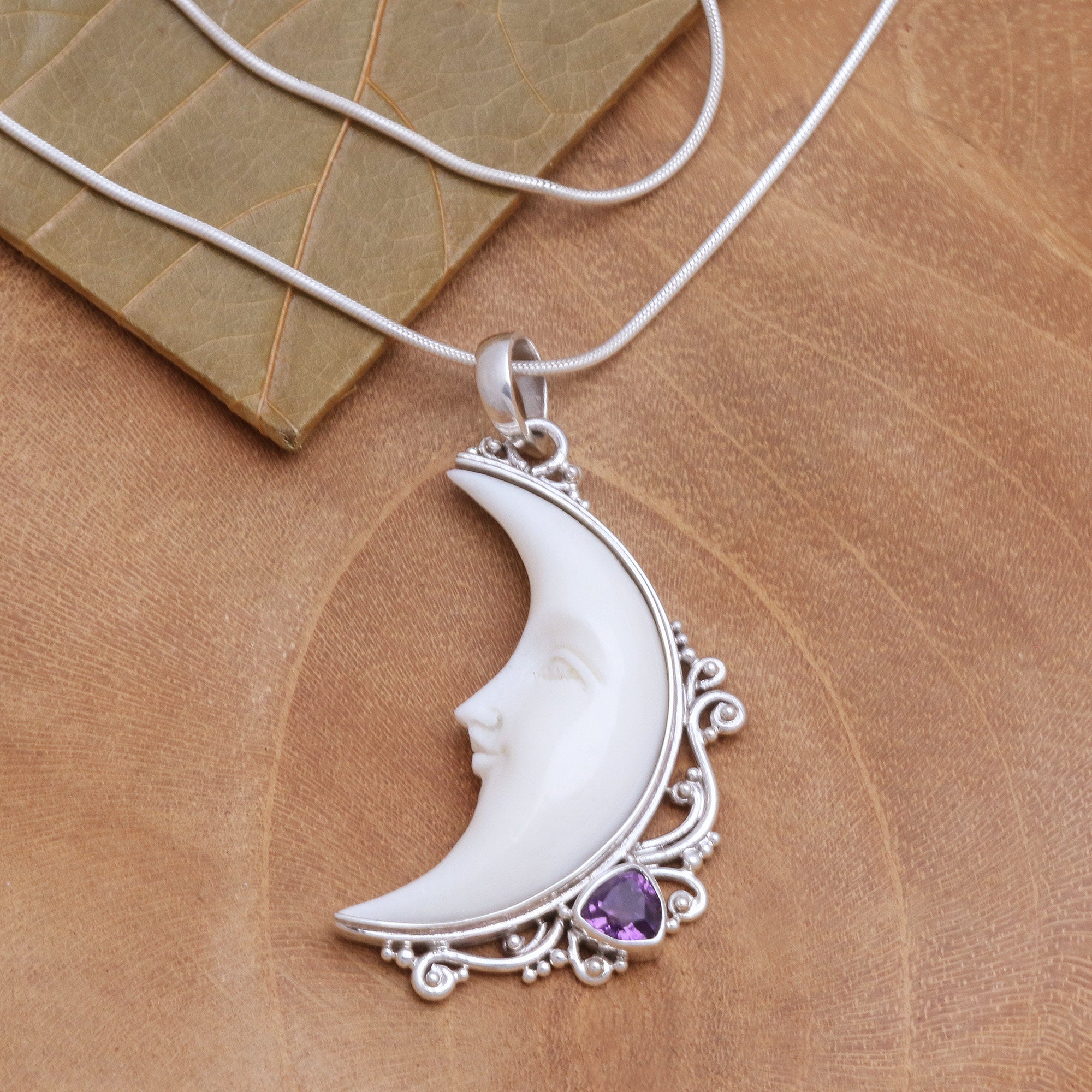 Premium Lunar Amethyst & Bone Crescent Moon Pendant Necklace - Handcrafted in Bali