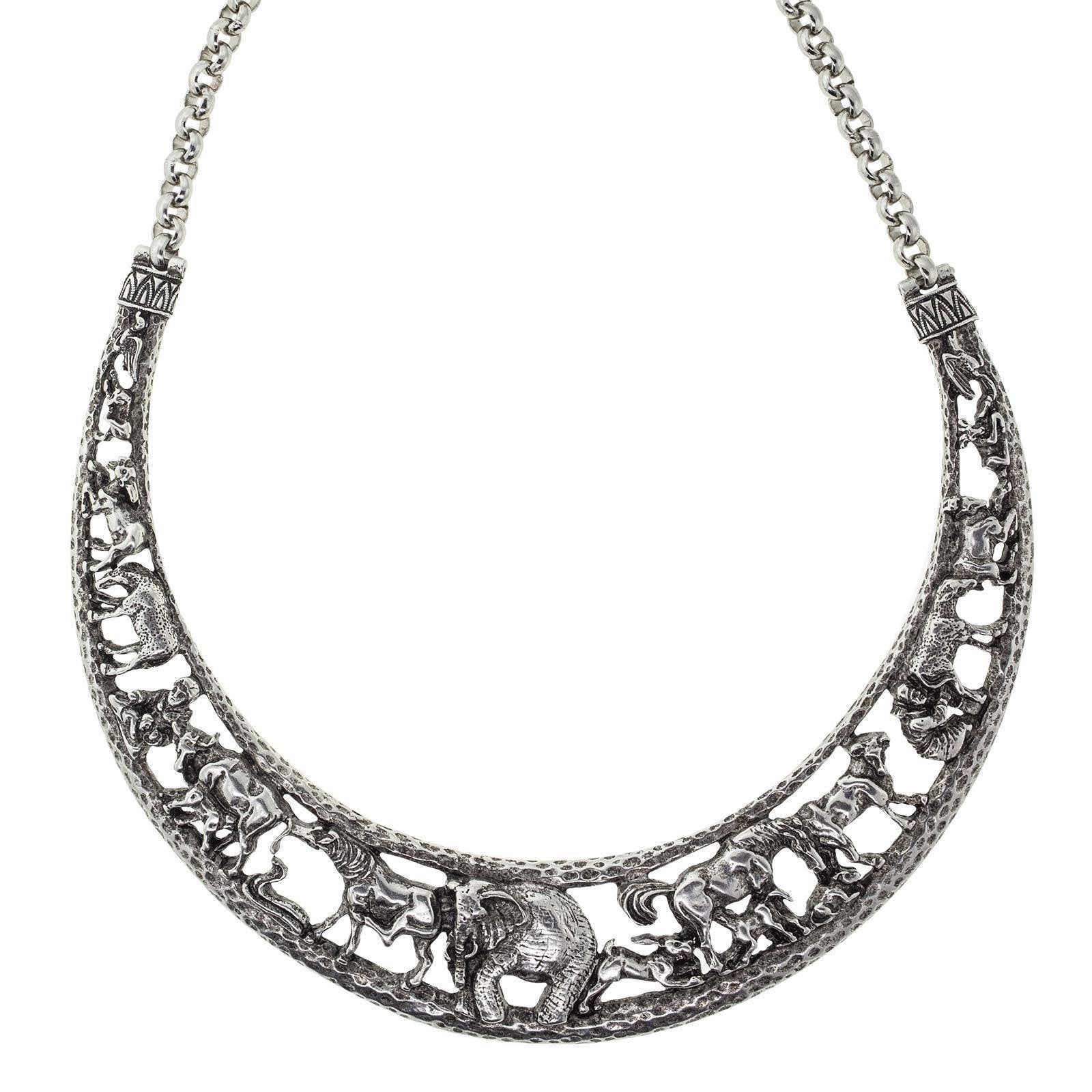 Premium Art Deco Elephant Collar Necklace - Silver Tone Statement Jewelry