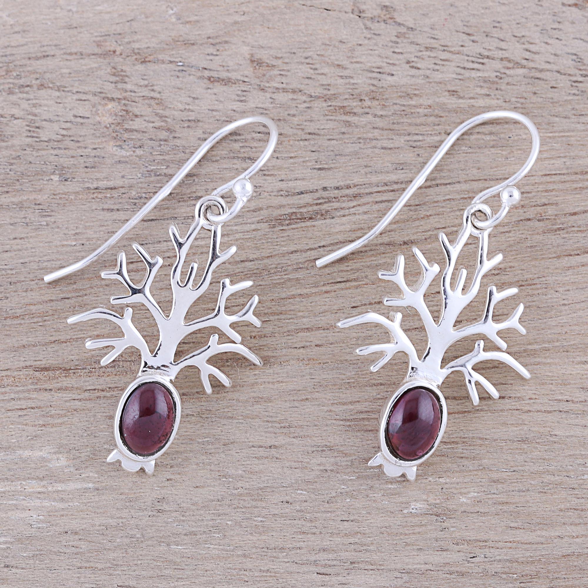 Premium Garnet Tree Dangle Earrings - Handcrafted Sterling Silver Jewelry from India