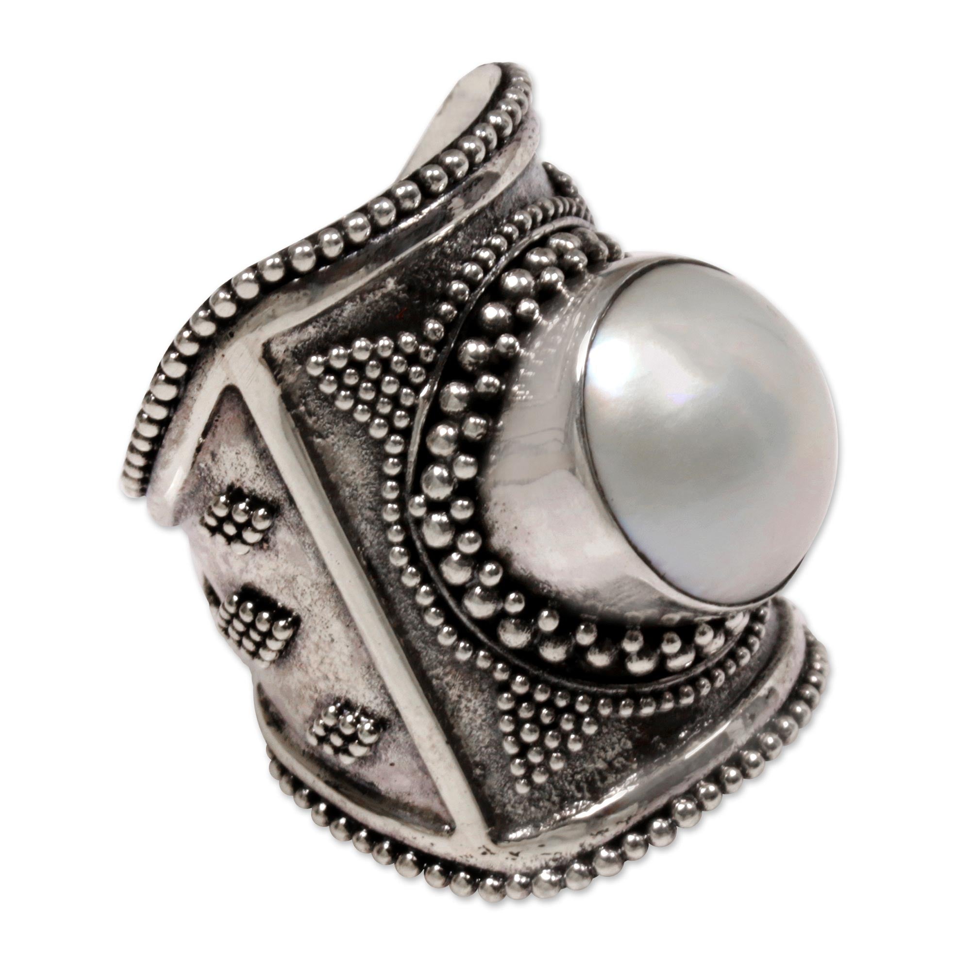 Premium Glowing Heroine Sterling Silver & Cultured Mabe Pearl Ring - Bali Handcrafted Jewelry