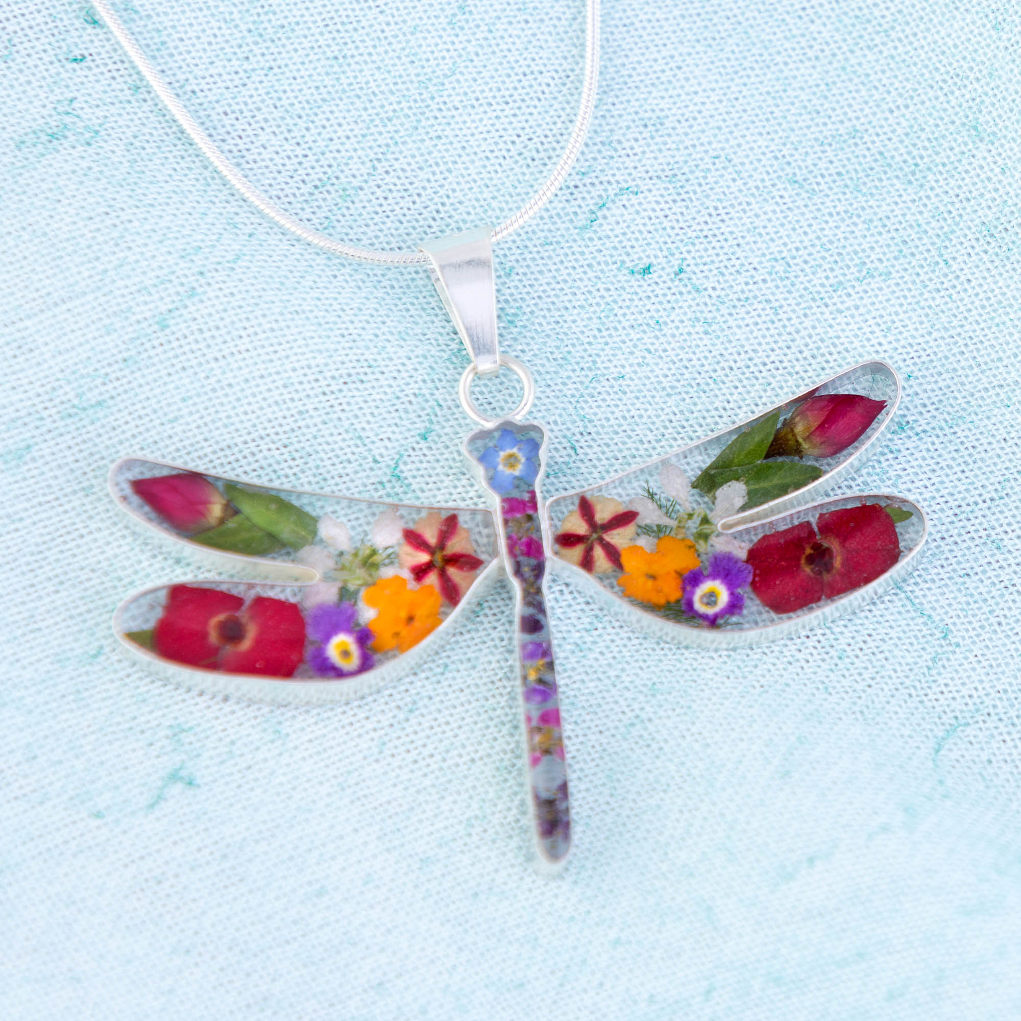 Premium Sterling Dragonfly Necklace with Real Flowers