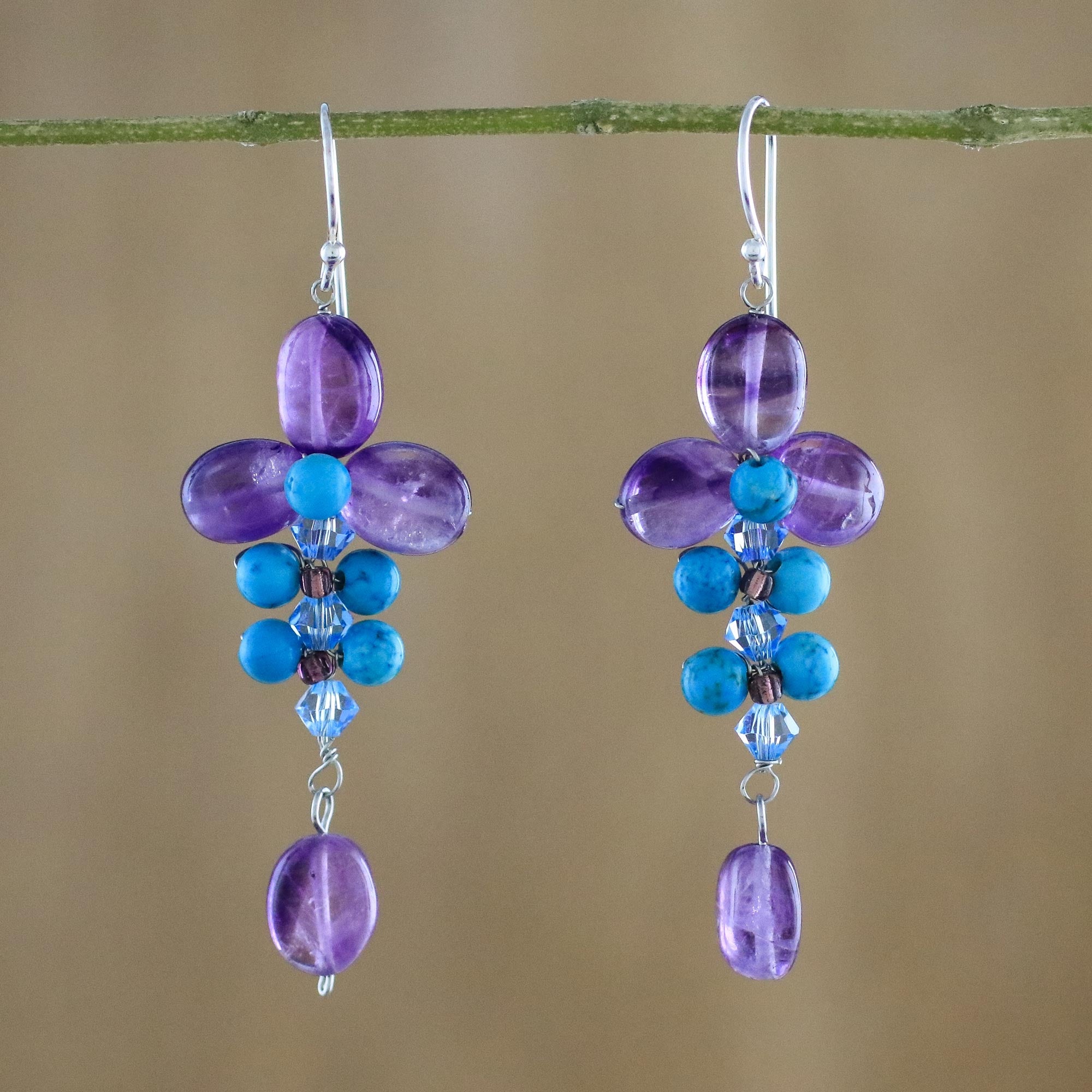 Premium Succulent Vines Amethyst & Calcite Dangle Earrings – Handcrafted in Thailand