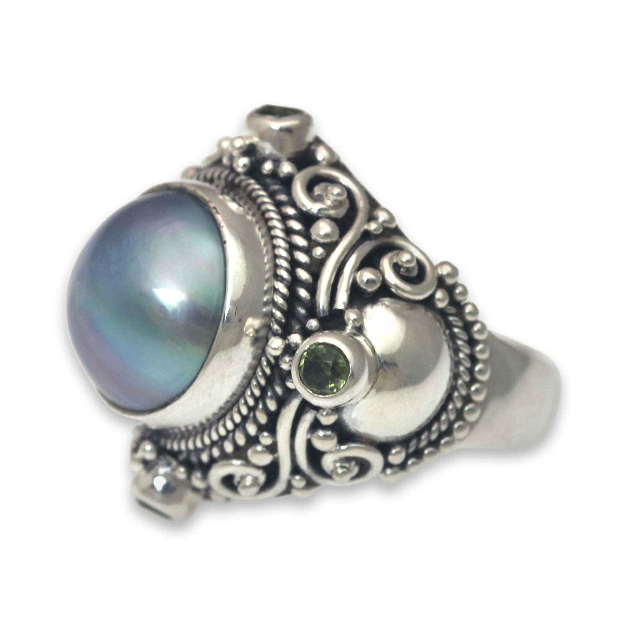 Premium Regal Blue Glory Cocktail Ring with Mabe Pearl & Peridot