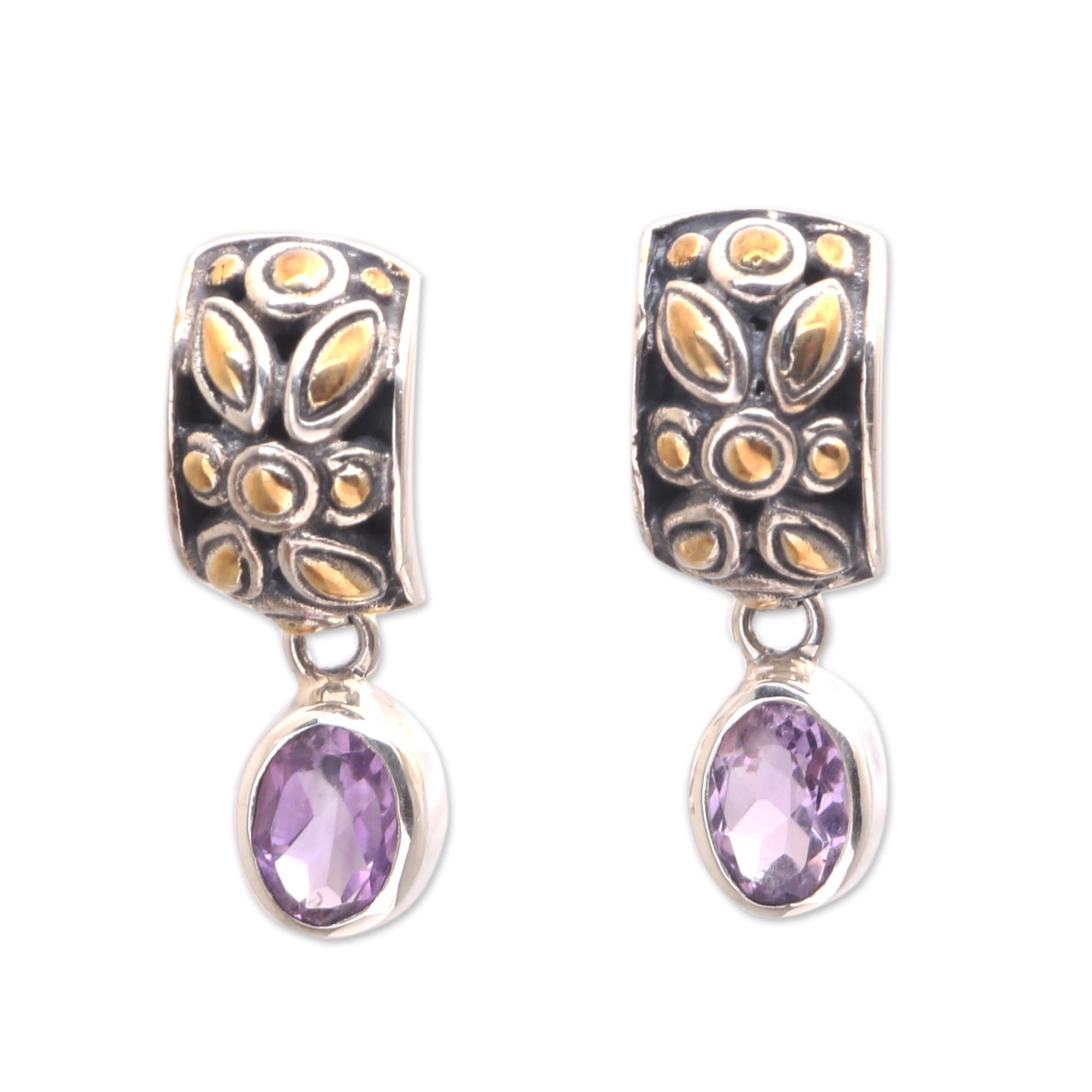 Premium Bali Amethyst Dangle Earrings with 22K Gold Padi Accents