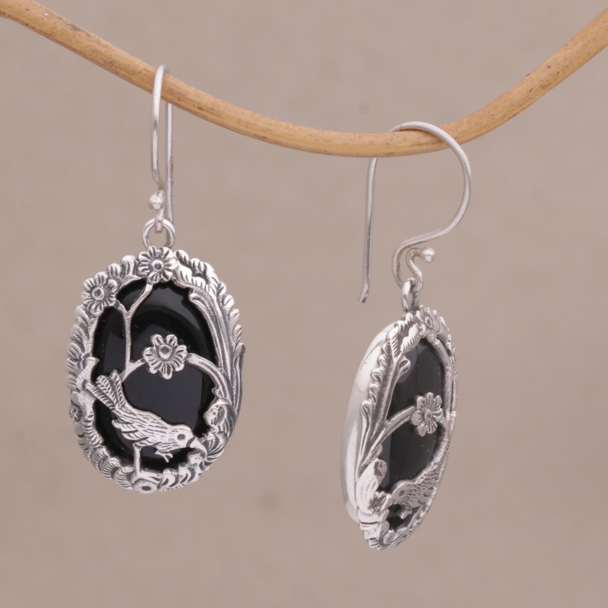 Premium Sterling Silver Curious Bird & Onyx Flower Dangle Earrings