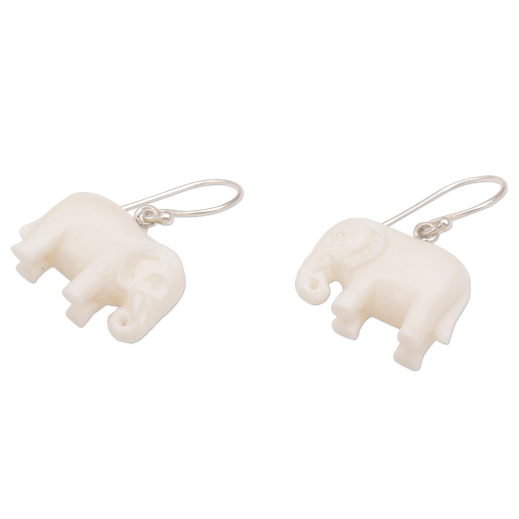 Premium White Elephant Luck Dangle Earrings - Handcrafted in Bali